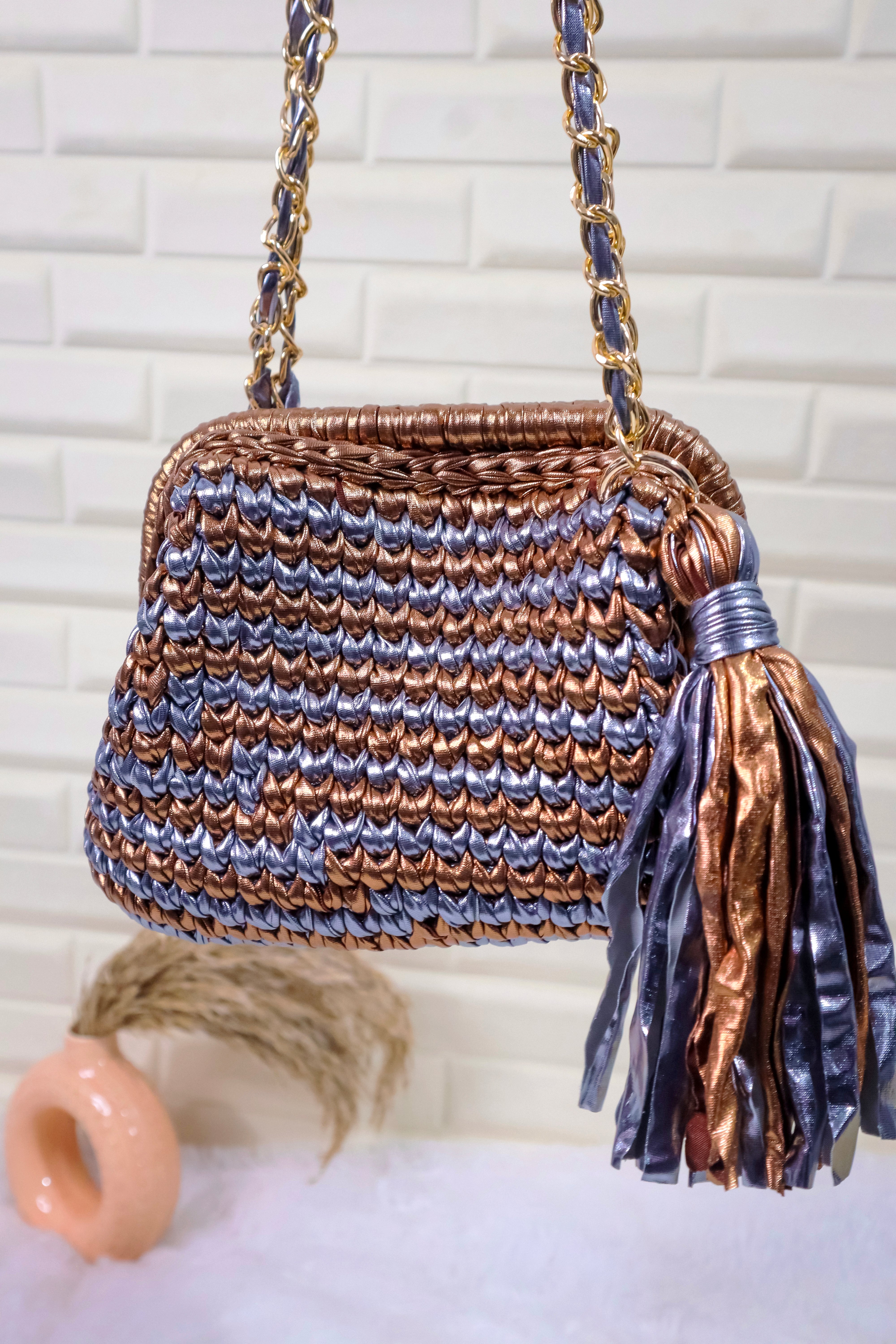 Bronze and Silver Metallic Crochet Clutch with Chain Sling and Tassel