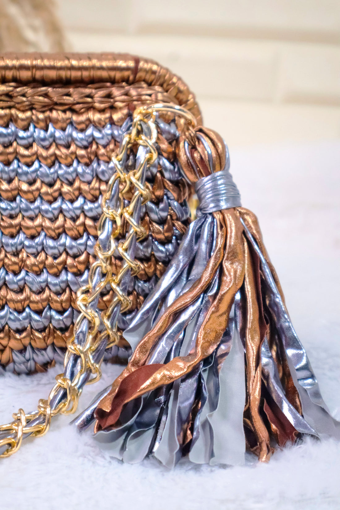 Bronze and Silver Metallic Crochet Clutch with Chain Sling and Tassel