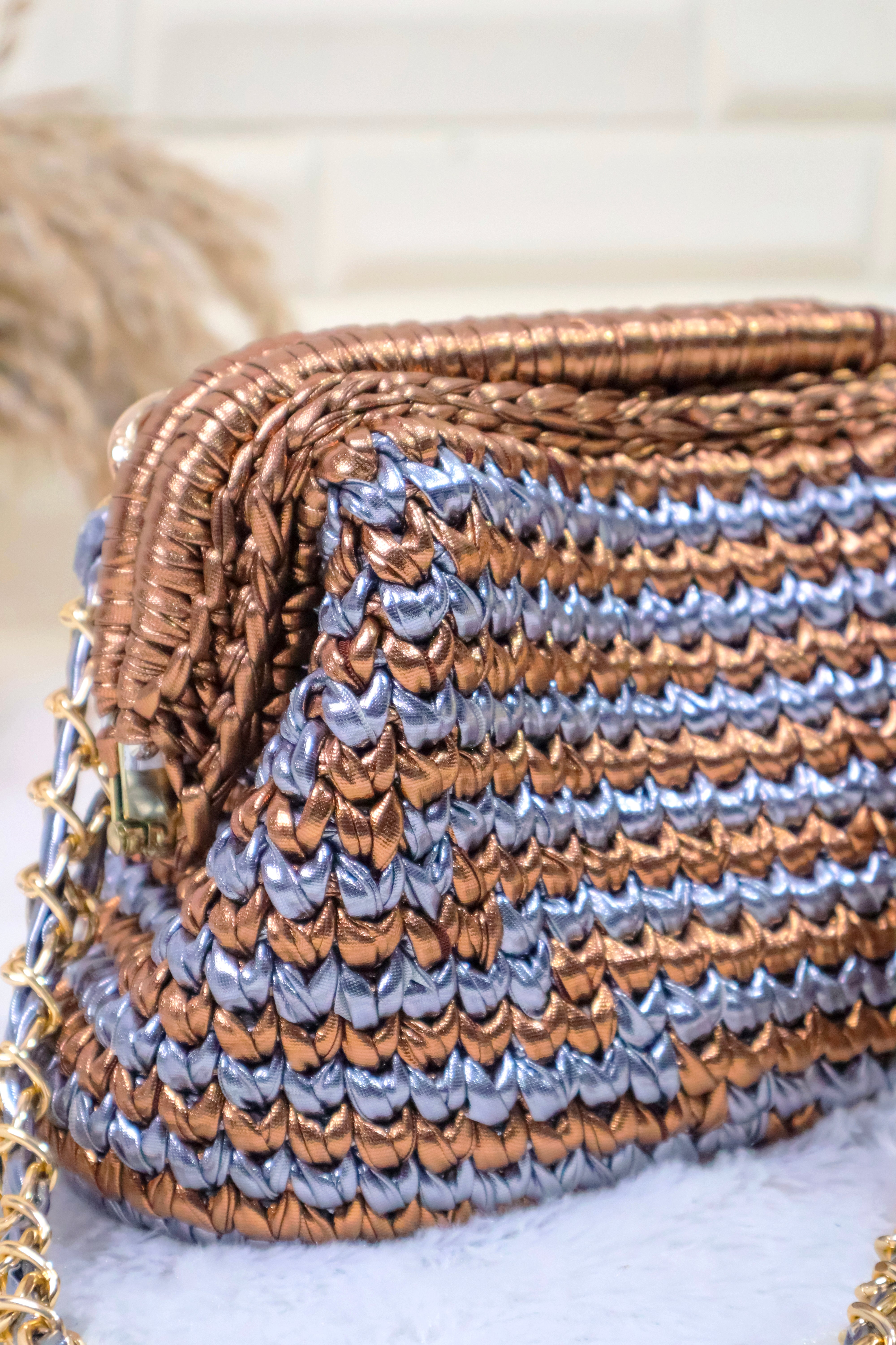 Bronze and Silver Metallic Crochet Clutch with Chain Sling and Tassel