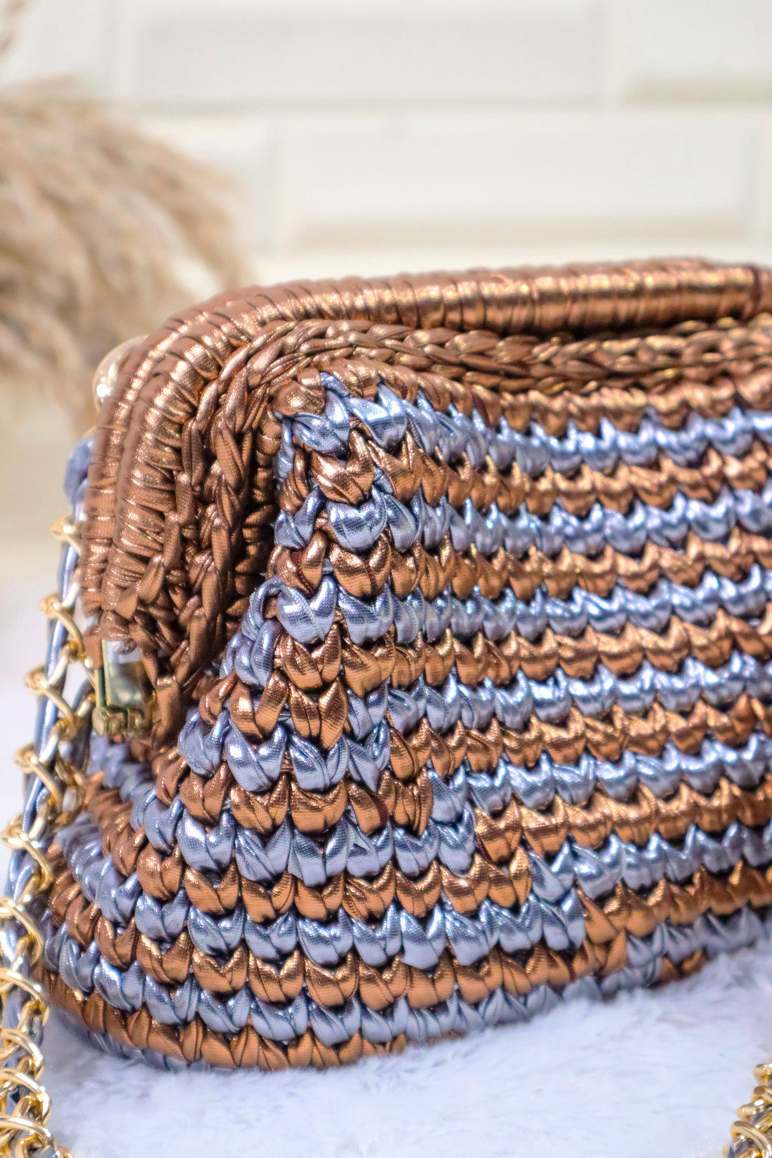 Bronze and Silver Metallic Crochet Clutch with Chain Sling and Tassel