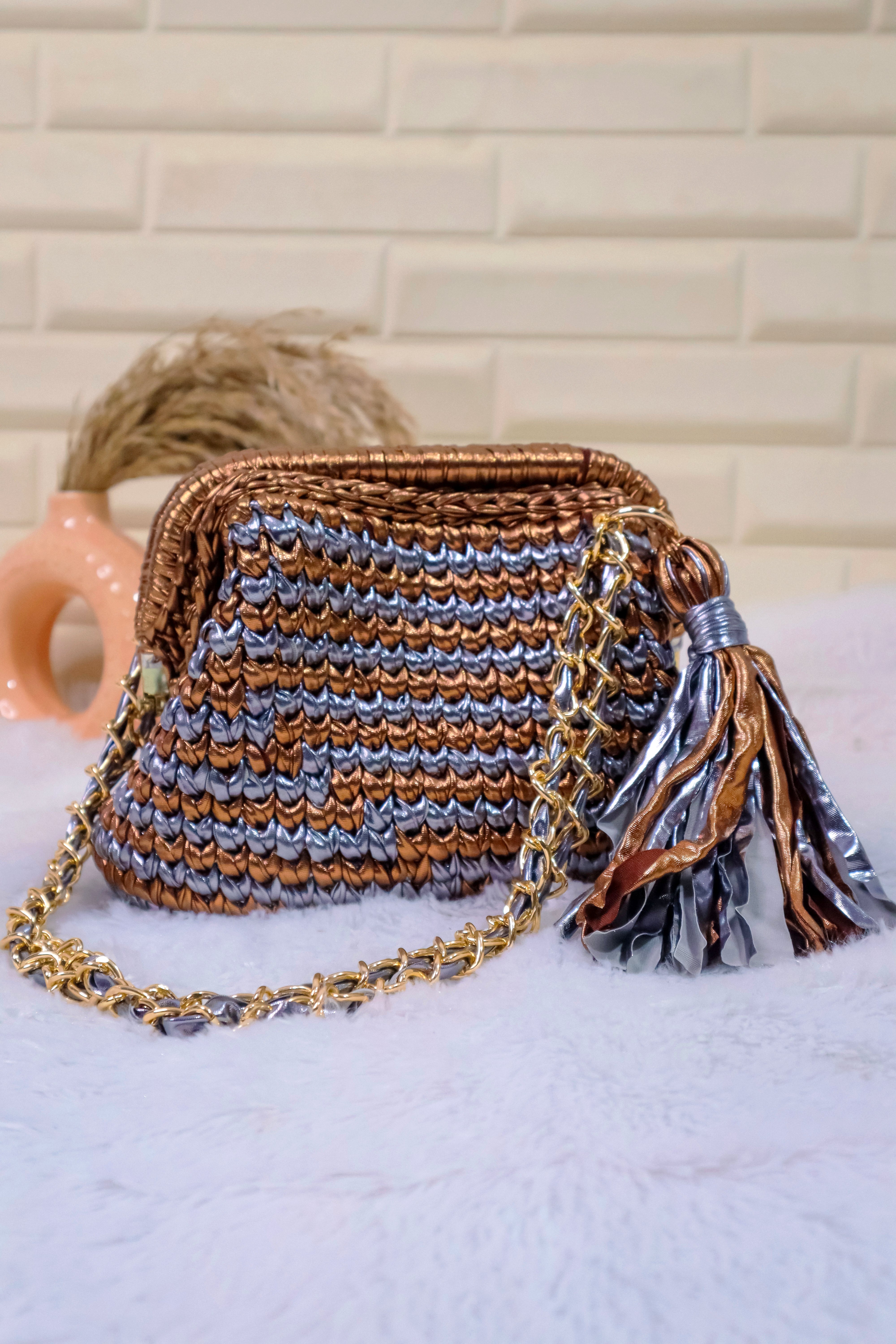 Bronze and Silver Metallic Crochet Clutch with Chain Sling and Tassel