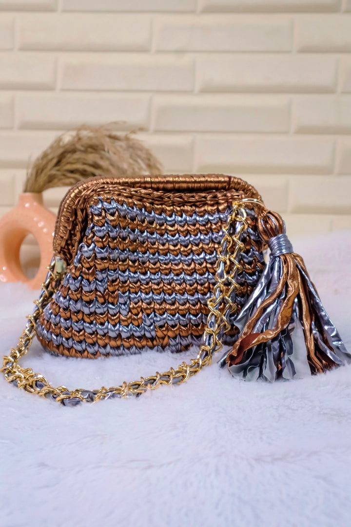 Bronze and Silver Metallic Crochet Clutch with Chain Sling and Tassel