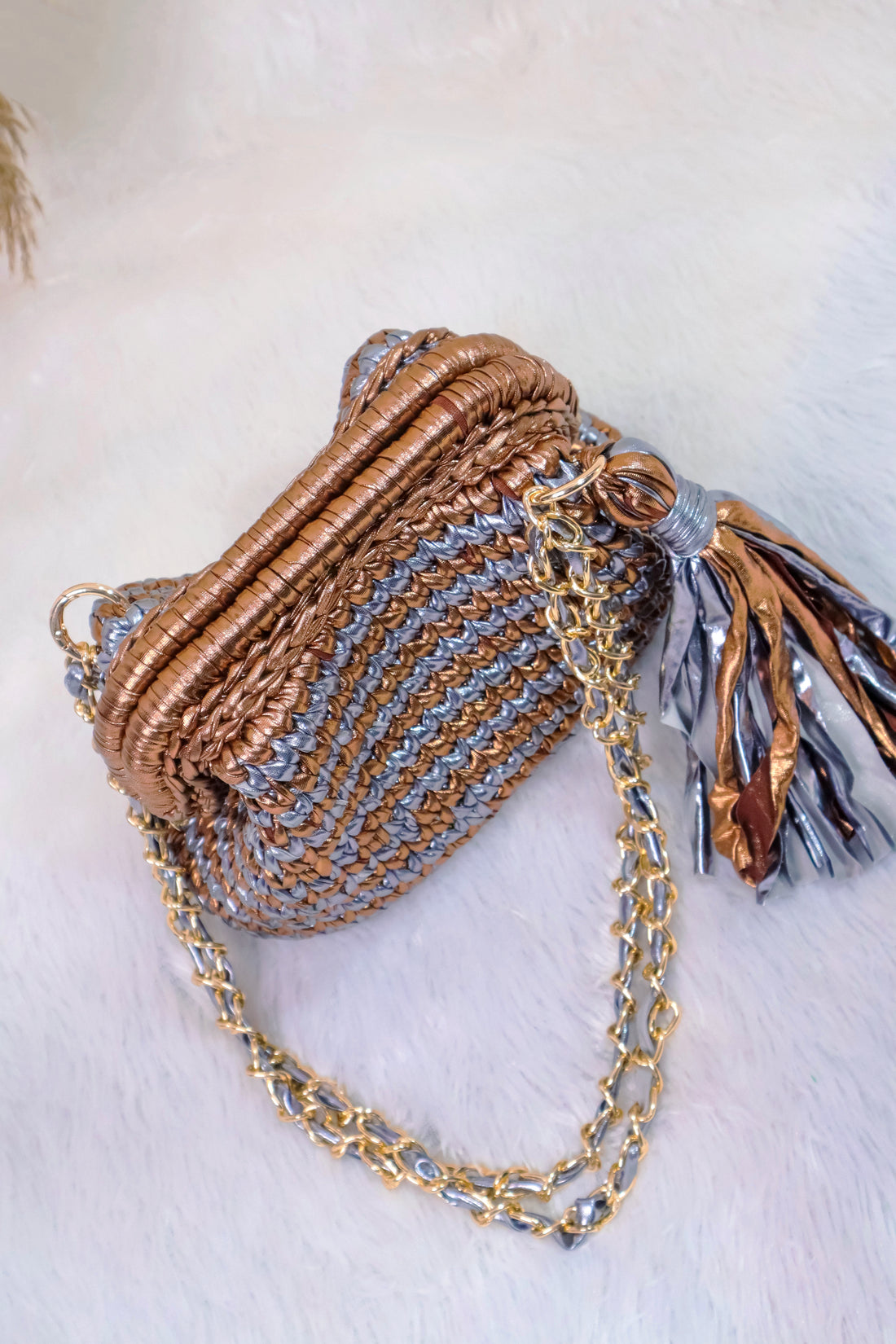Bronze and Silver Metallic Crochet Clutch with Chain Sling and Tassel