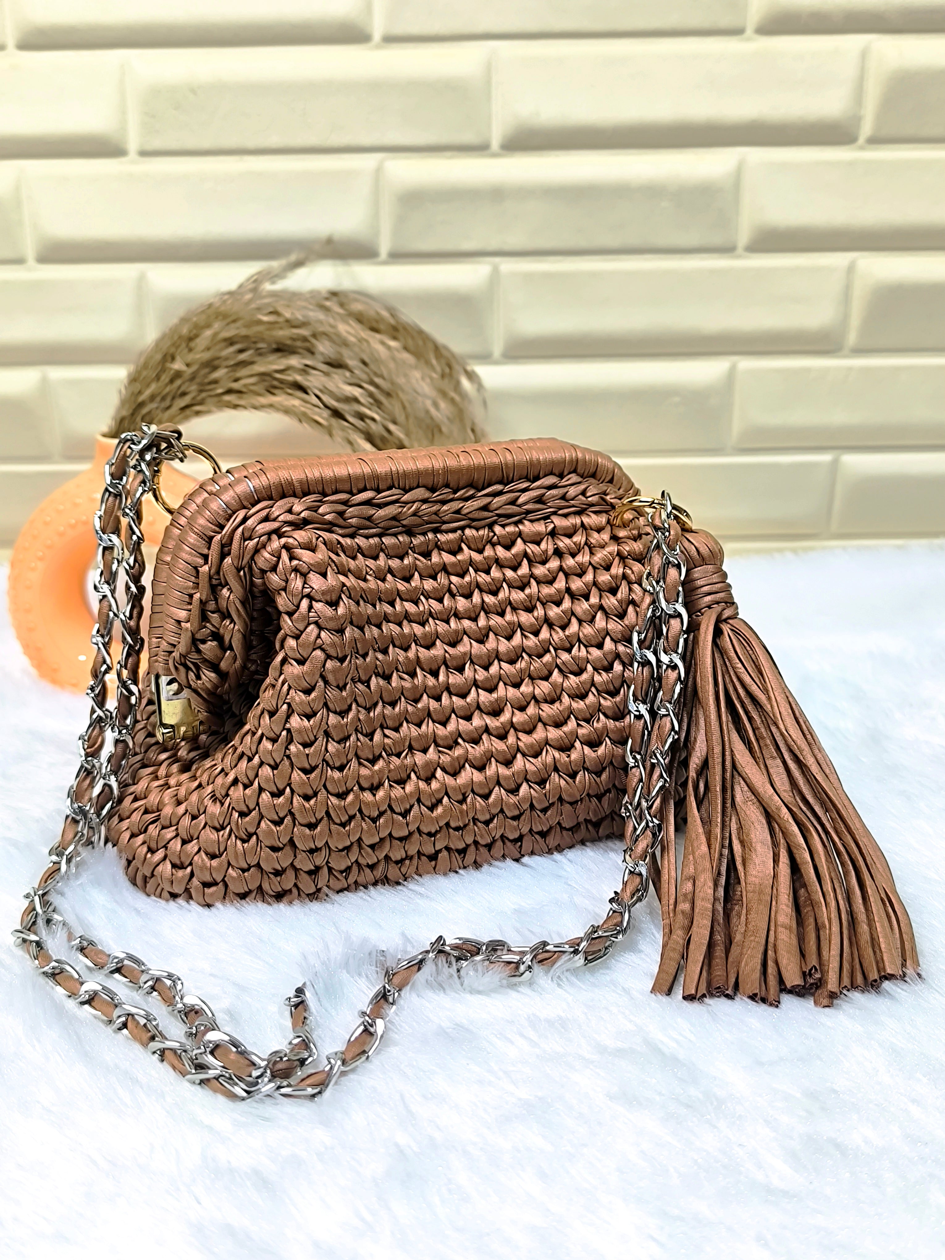 Mocha Rose Leather Yarn Crochet Clutch with Chain Sling and Tassel