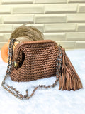 Mocha Rose Leather Yarn Crochet Clutch with Chain Sling and Tassel