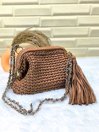 Mocha Rose Leather Yarn Crochet Clutch with Chain Sling and Tassel