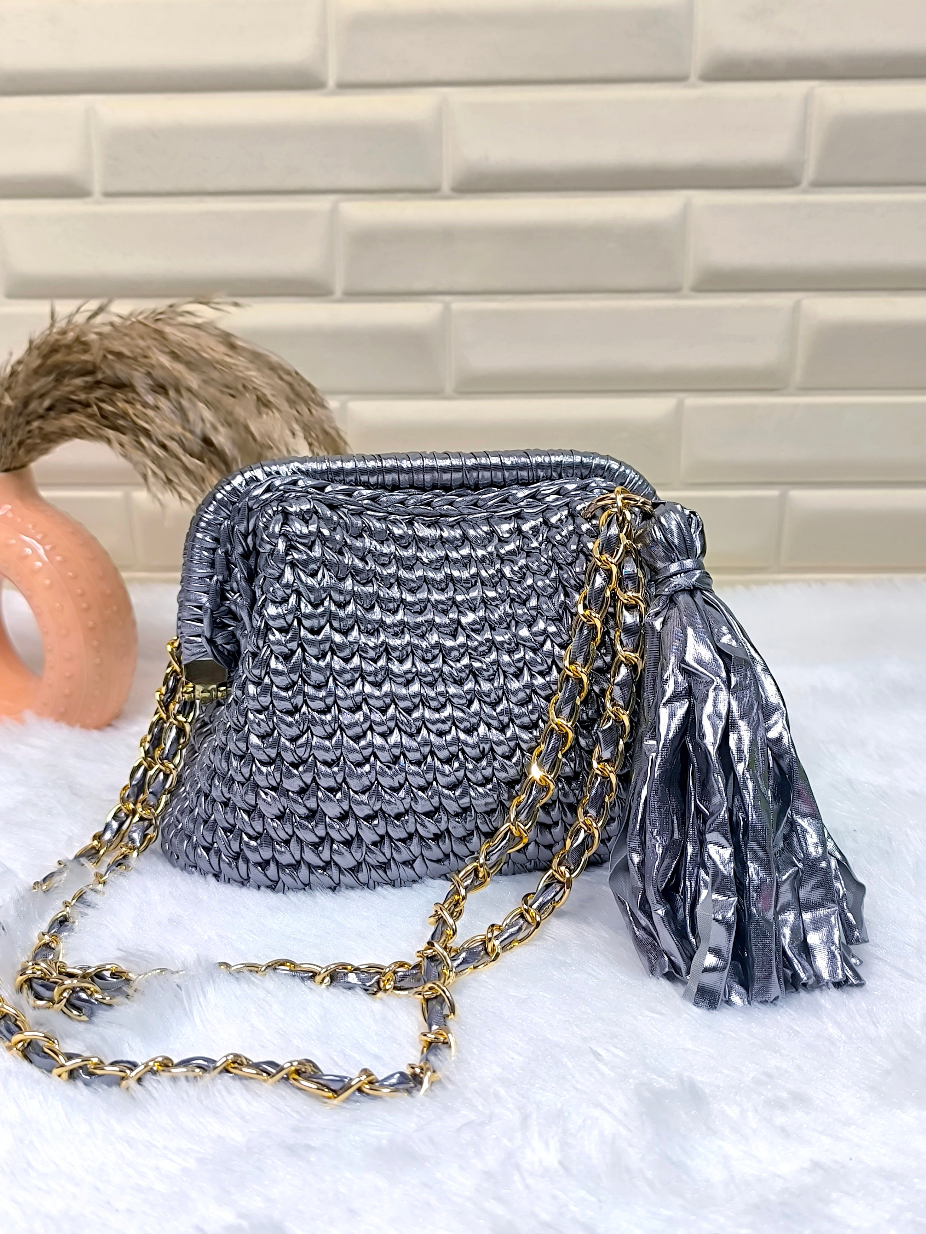 Grey Metallic Crochet Clutch with Sling and Tassel