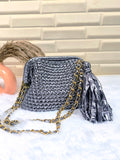 Grey Metallic Crochet Clutch with Sling and Tassel