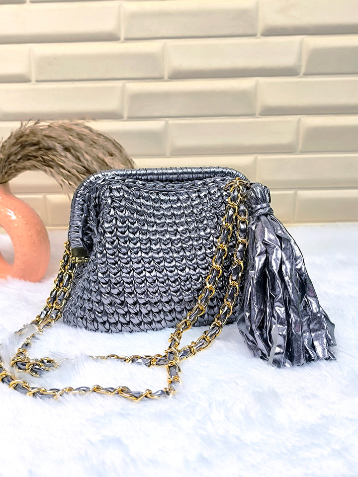 Grey Metallic Crochet Clutch with Sling and Tassel