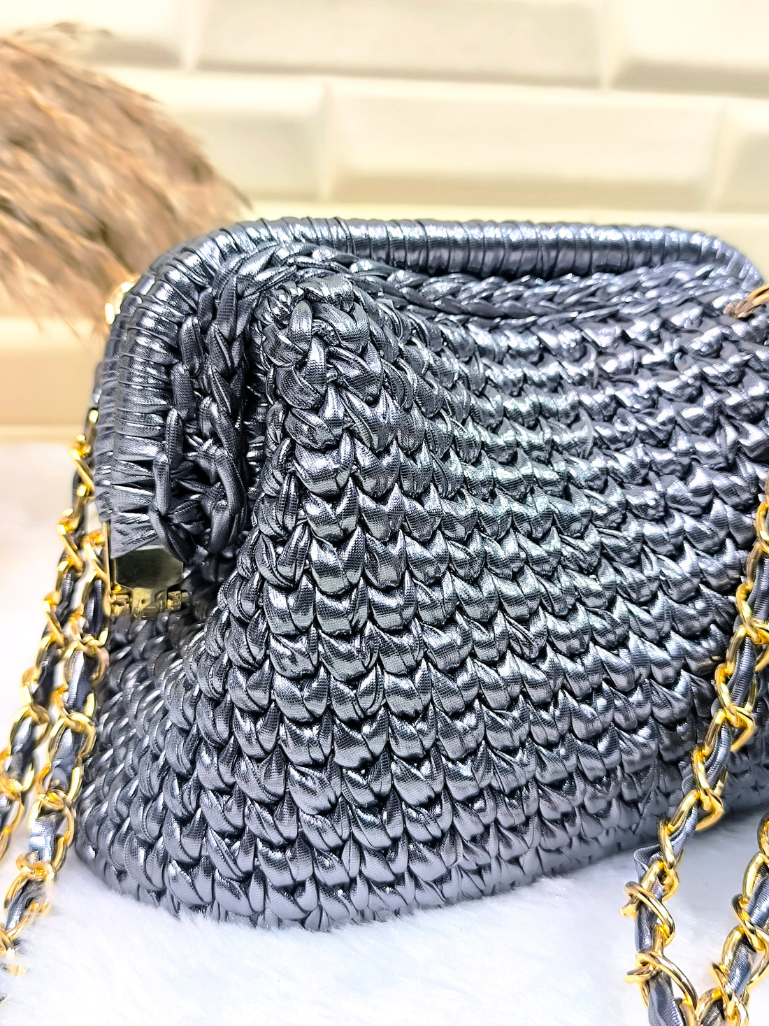 Grey Metallic Crochet Clutch with Sling and Tassel