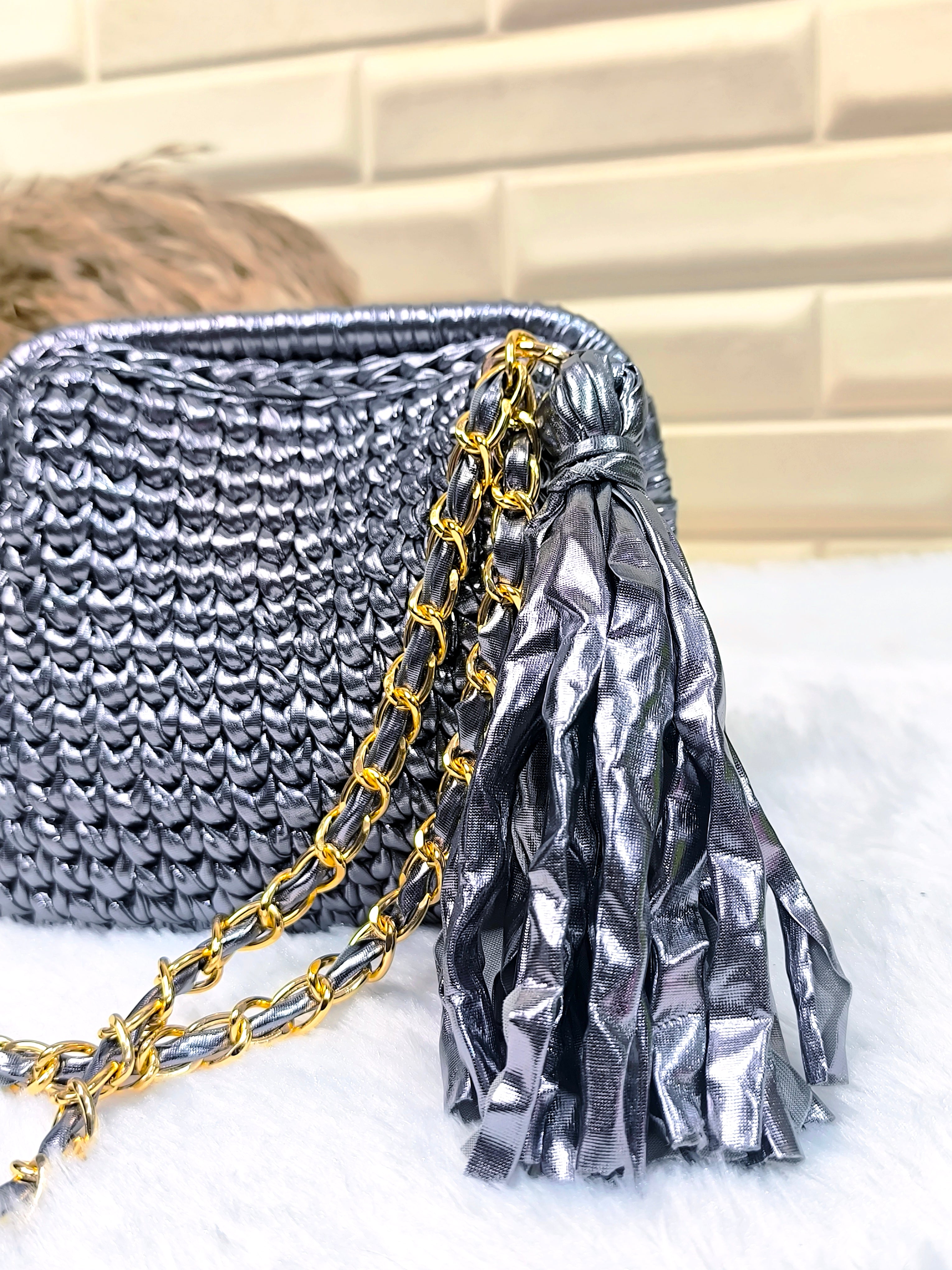 Grey Metallic Crochet Clutch with Sling and Tassel