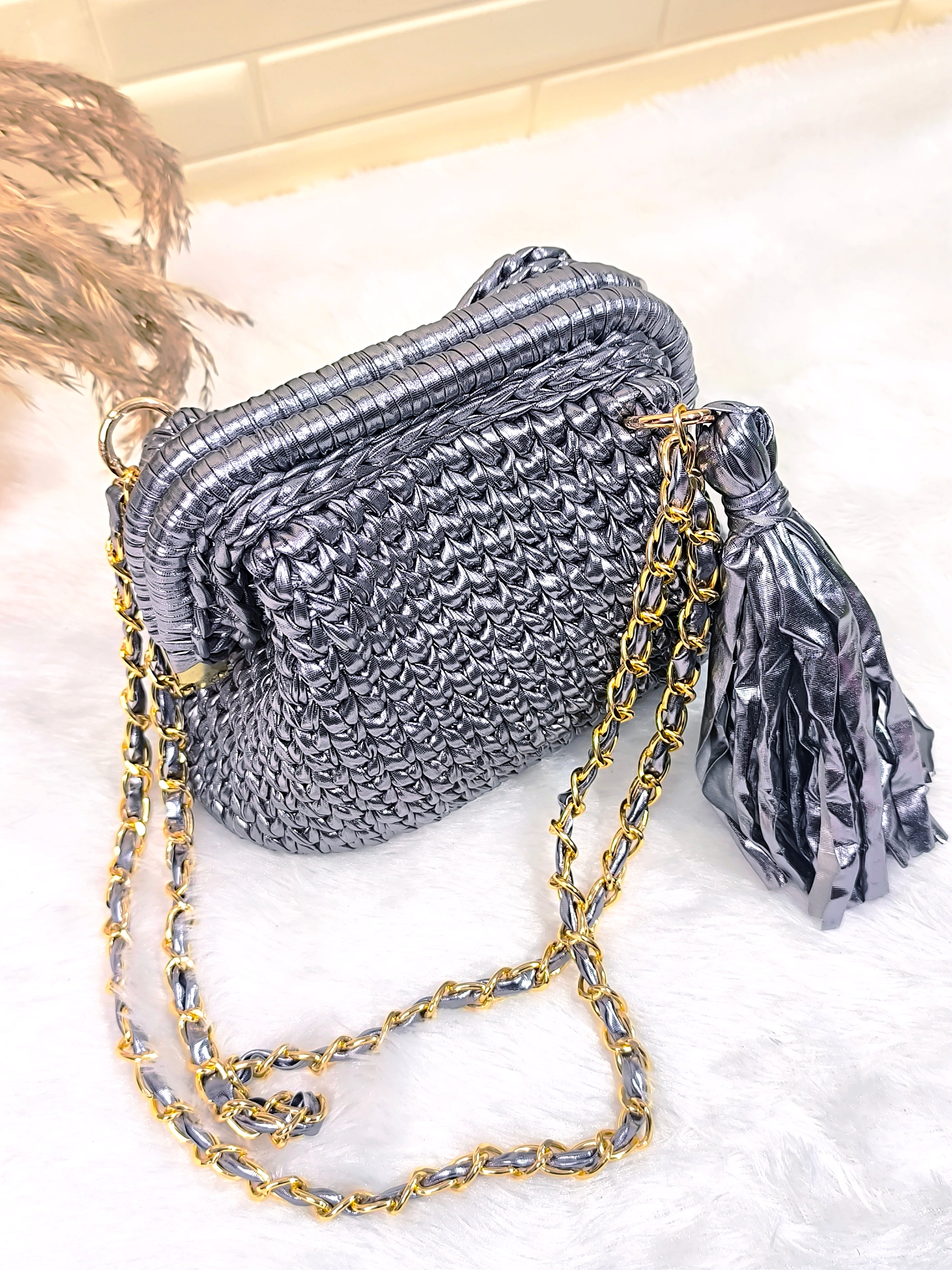 Grey Metallic Crochet Clutch with Sling and Tassel
