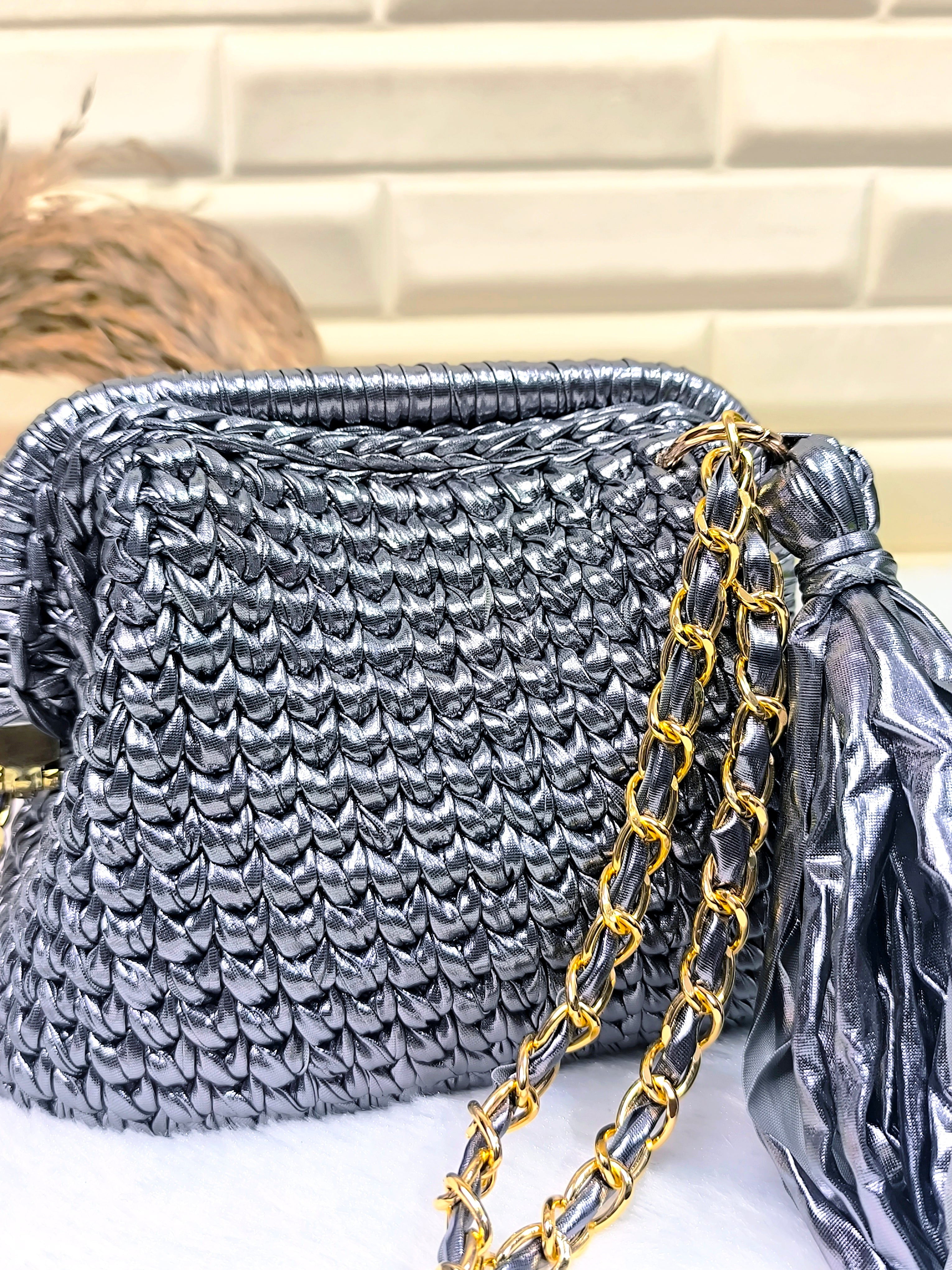 Grey Metallic Crochet Clutch with Sling and Tassel
