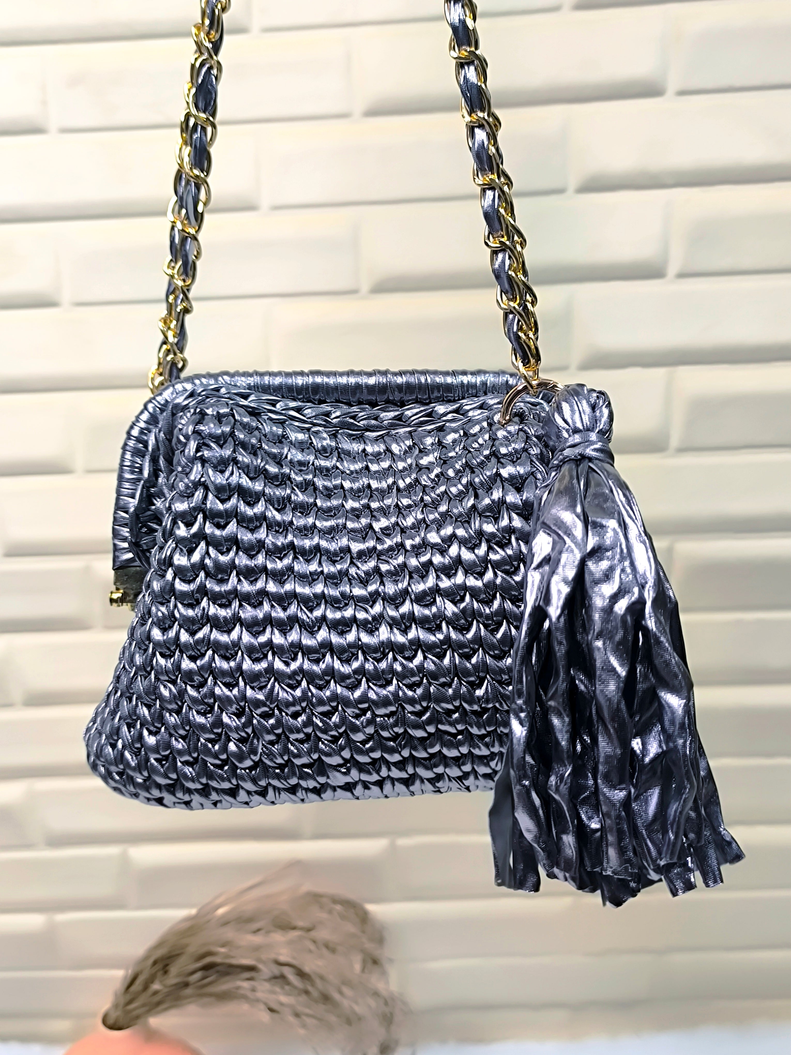 Grey Metallic Crochet Clutch with Sling and Tassel