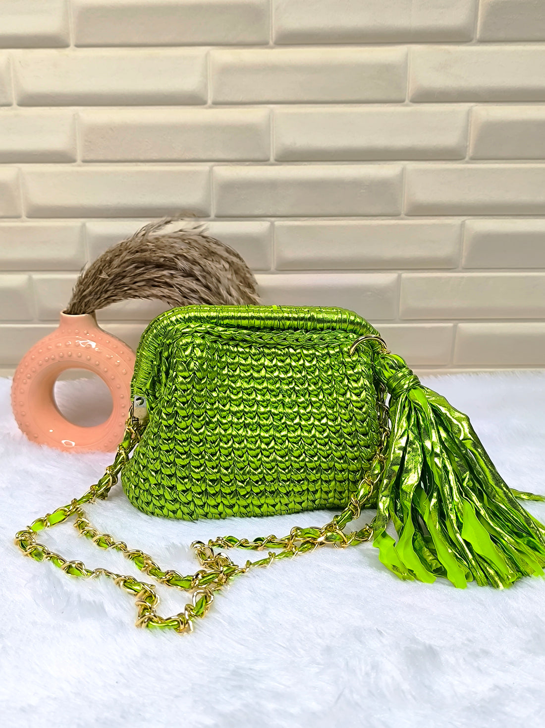 Lime Green Metallic Crochet Clutch with Sling and Tassel