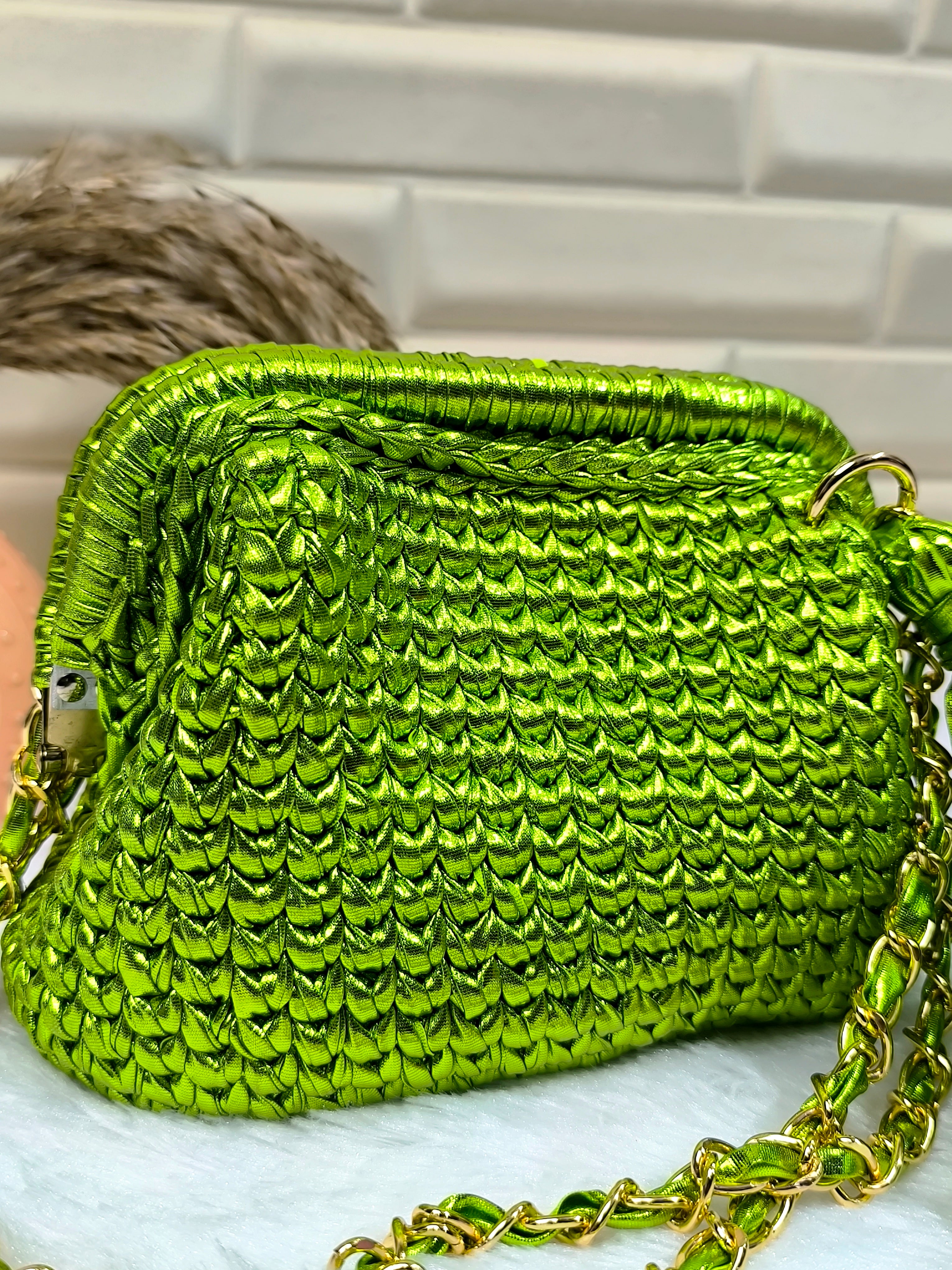Lime Green Metallic Crochet Clutch with Sling and Tassel