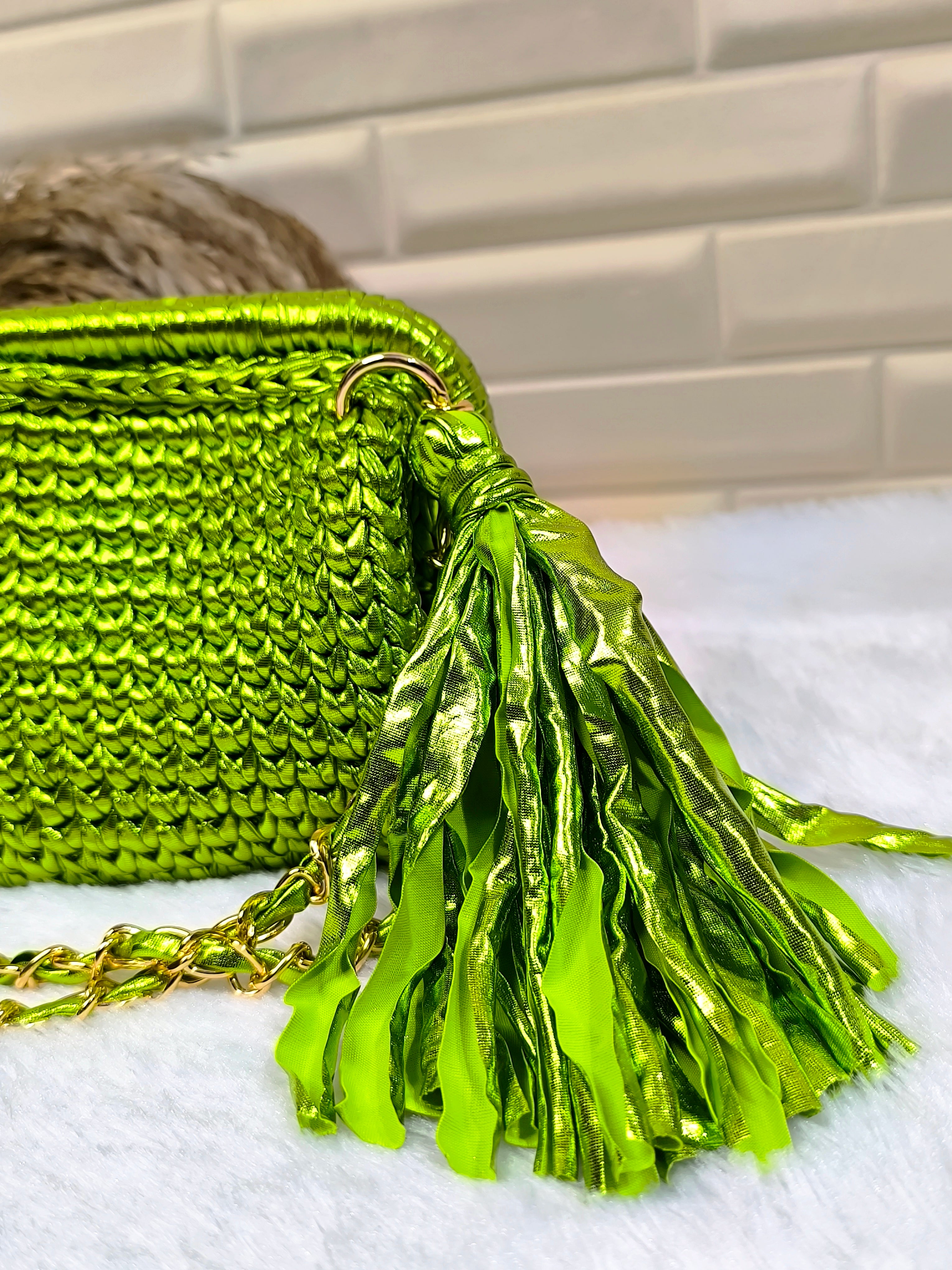 Lime Green Metallic Crochet Clutch with Sling and Tassel