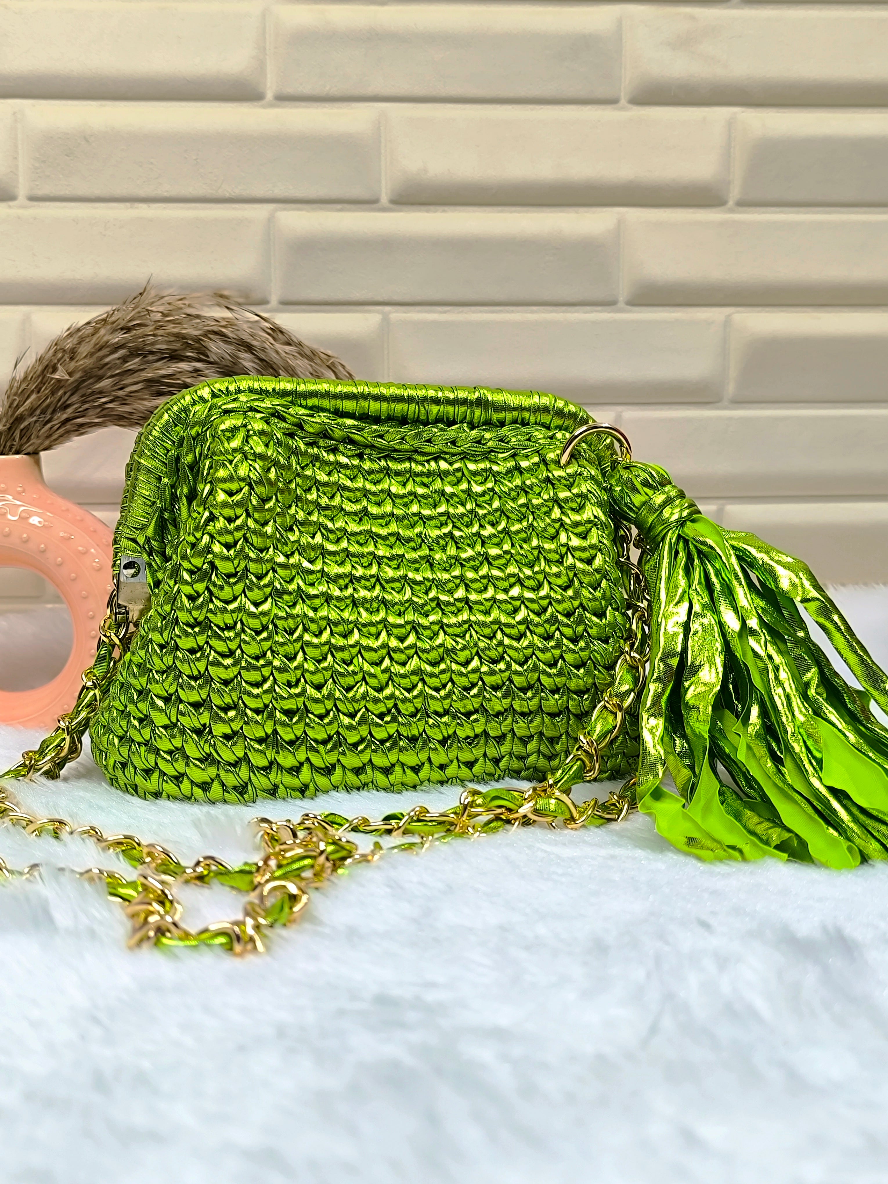 Lime Green Metallic Crochet Clutch with Sling and Tassel