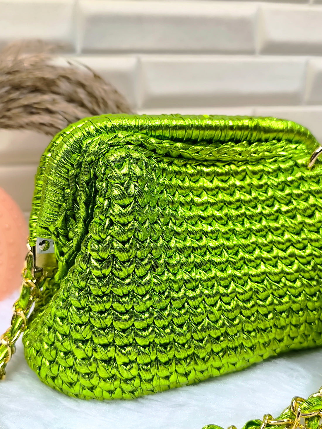 Lime Green Metallic Crochet Clutch with Sling and Tassel