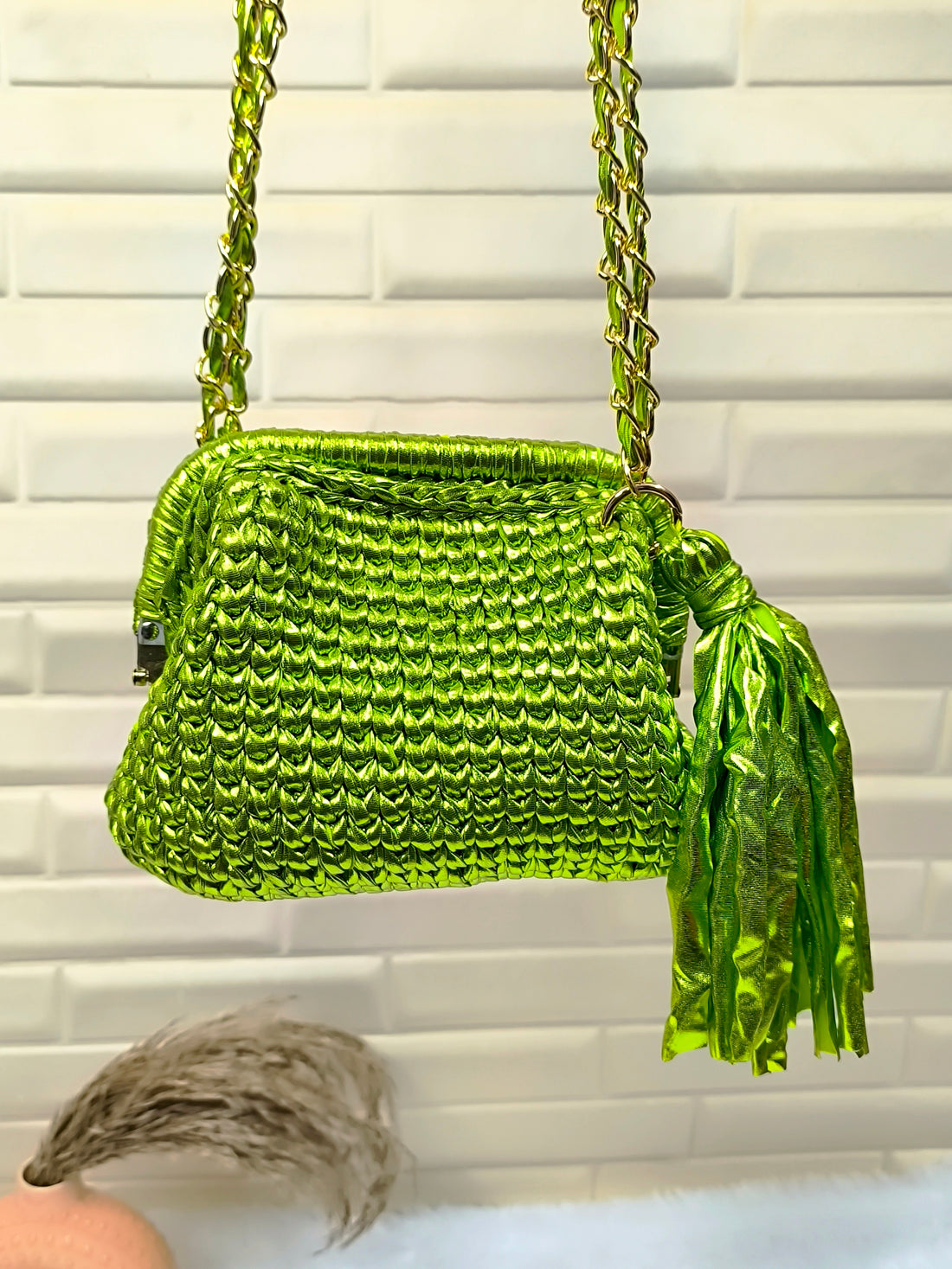 Lime Green Metallic Crochet Clutch with Sling and Tassel