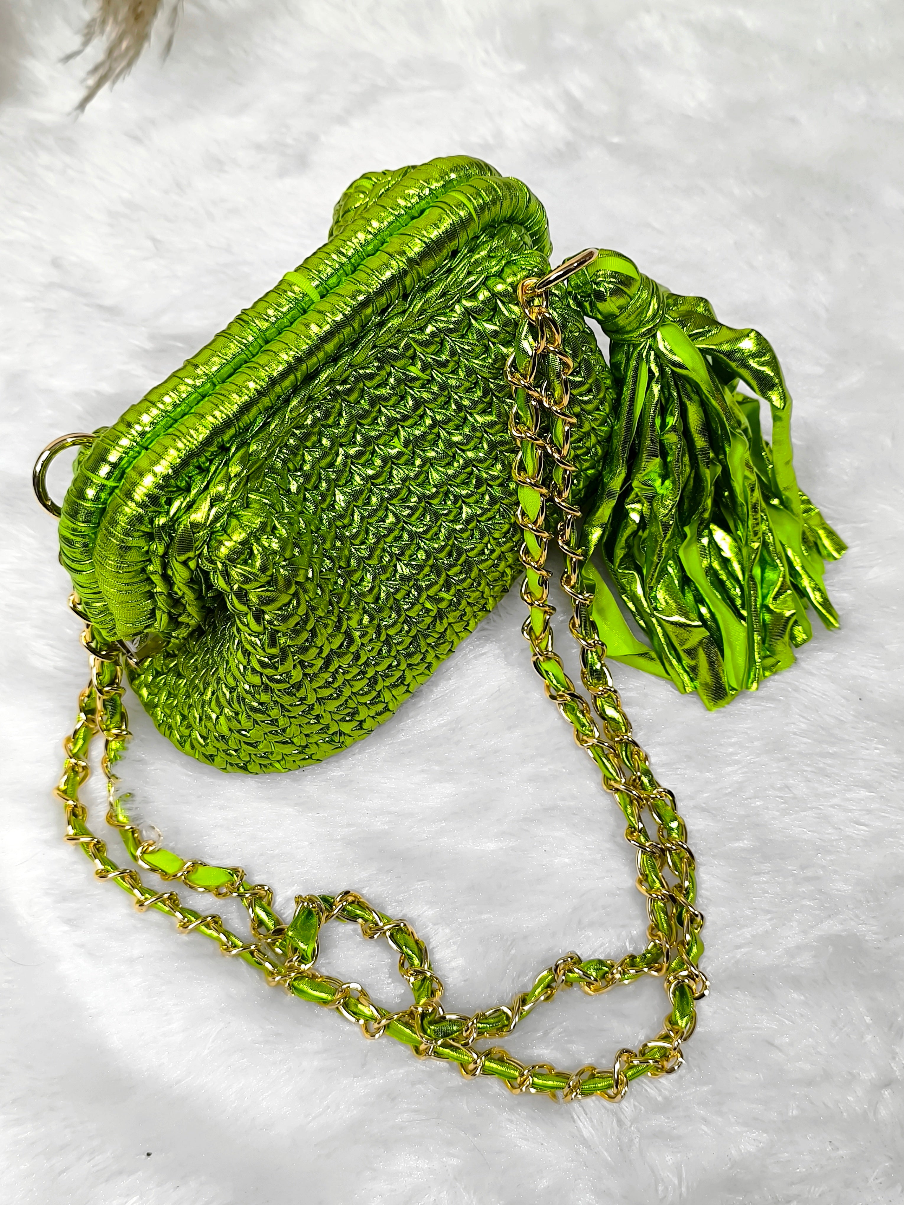 Lime Green Metallic Crochet Clutch with Sling and Tassel