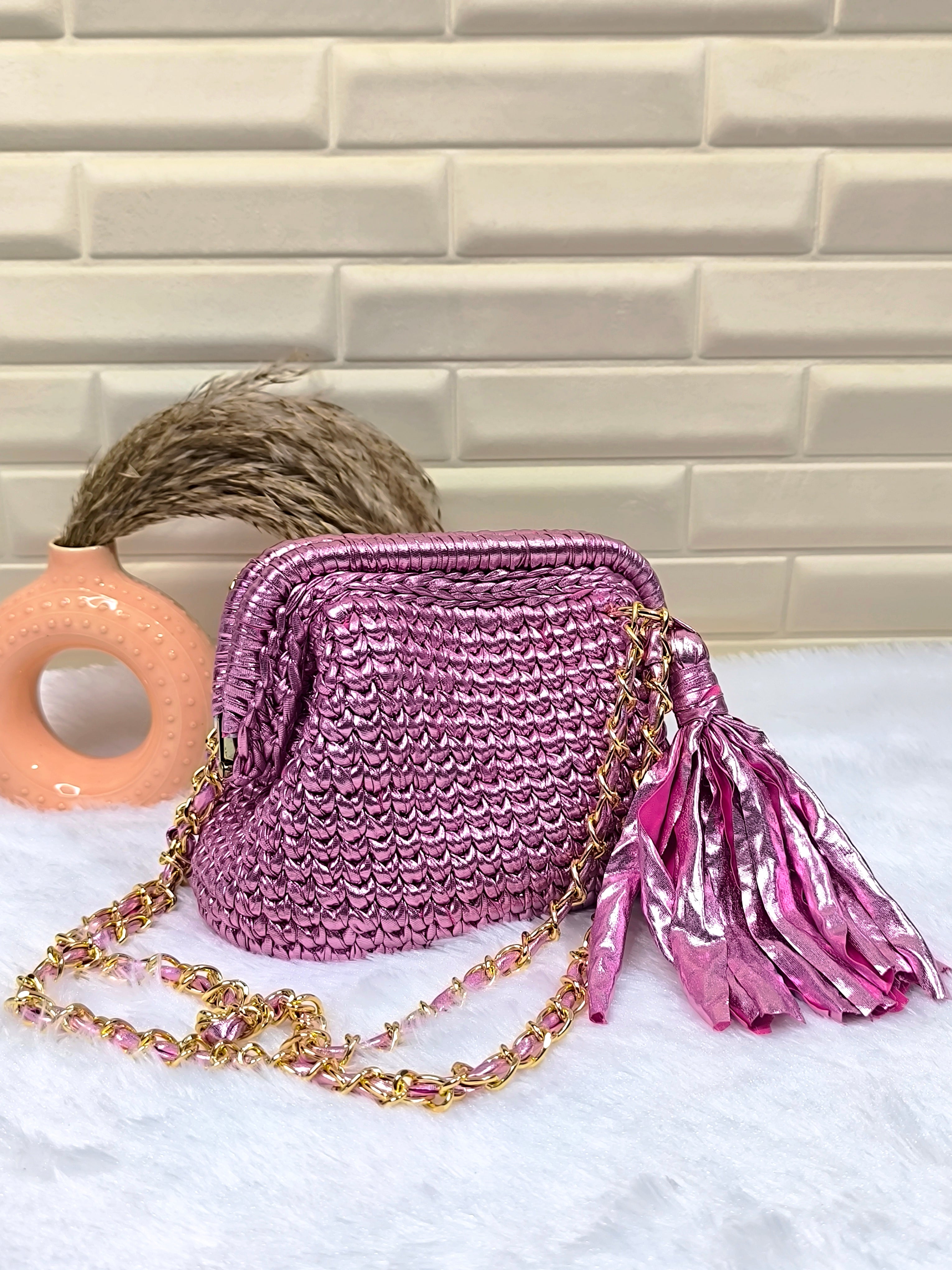 Pink Petal Metallic Crochet Clutch with Sling and Tassel