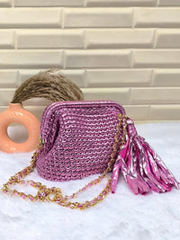 Pink Petal Metallic Crochet Clutch with Sling and Tassel