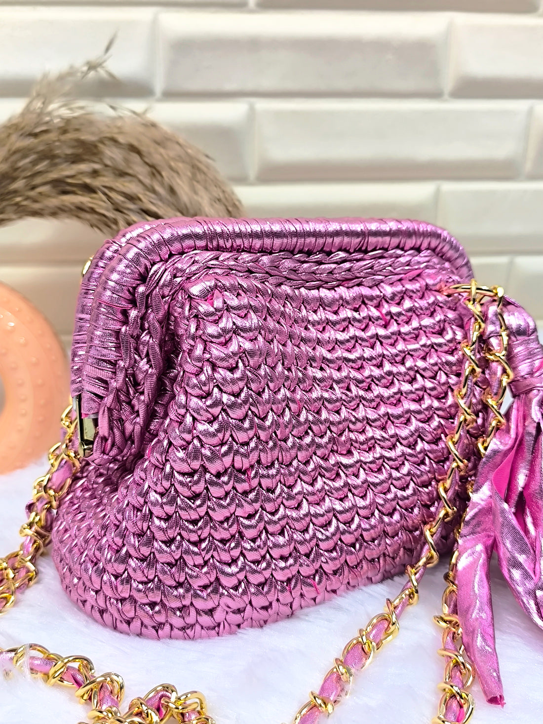 Pink Petal Metallic Crochet Clutch with Sling and Tassel