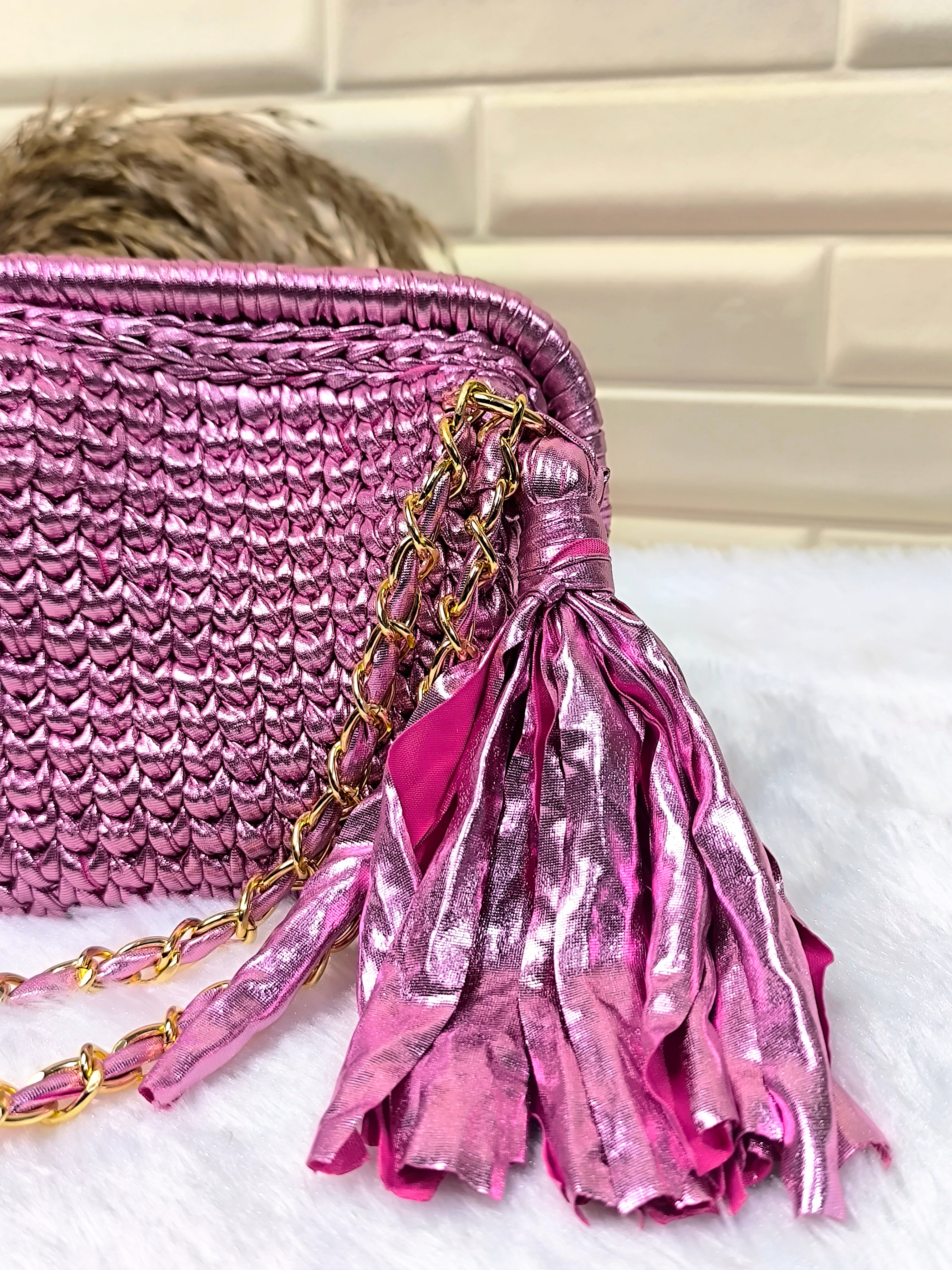 Pink Petal Metallic Crochet Clutch with Sling and Tassel