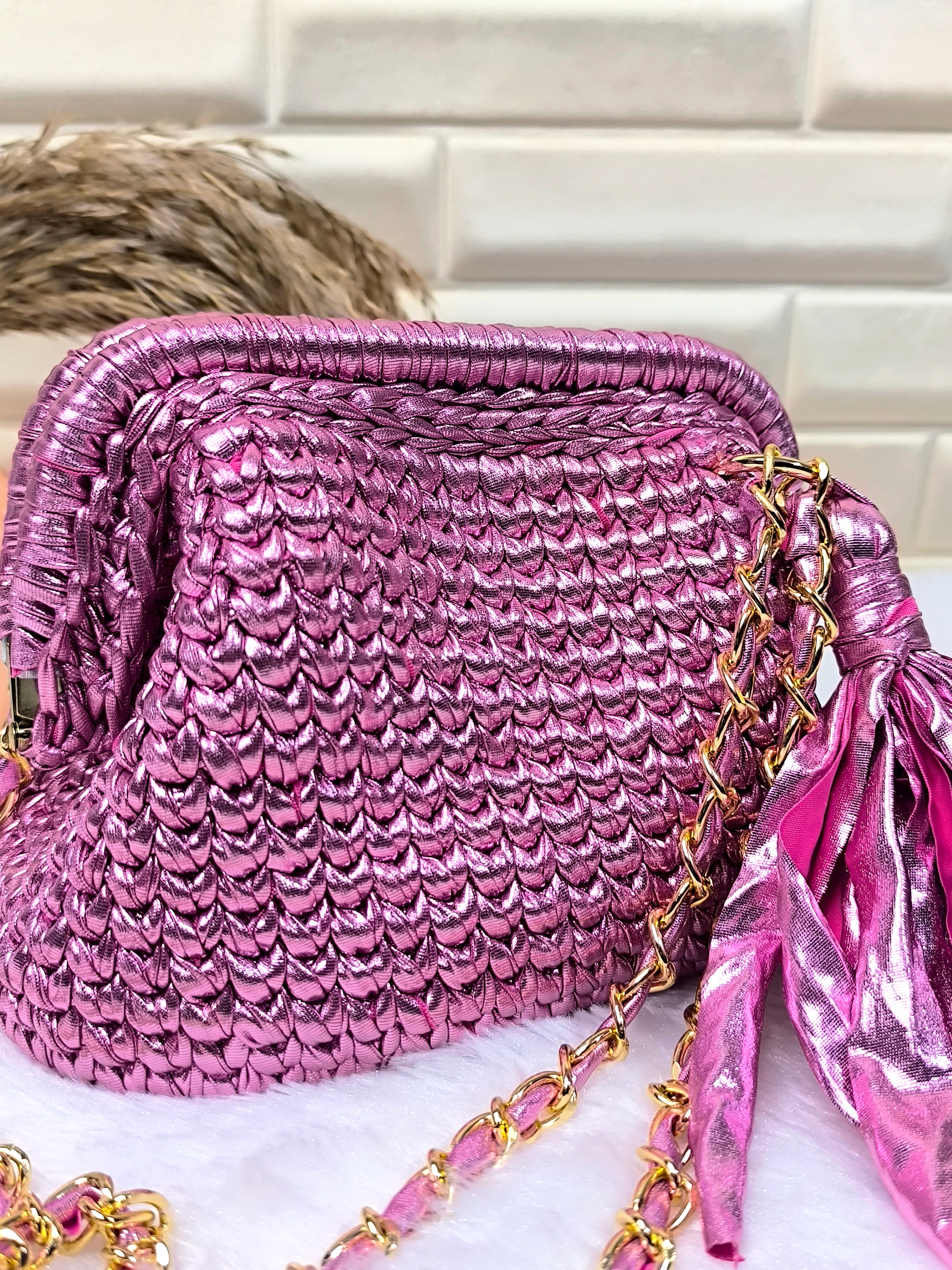 Pink Petal Metallic Crochet Clutch with Sling and Tassel