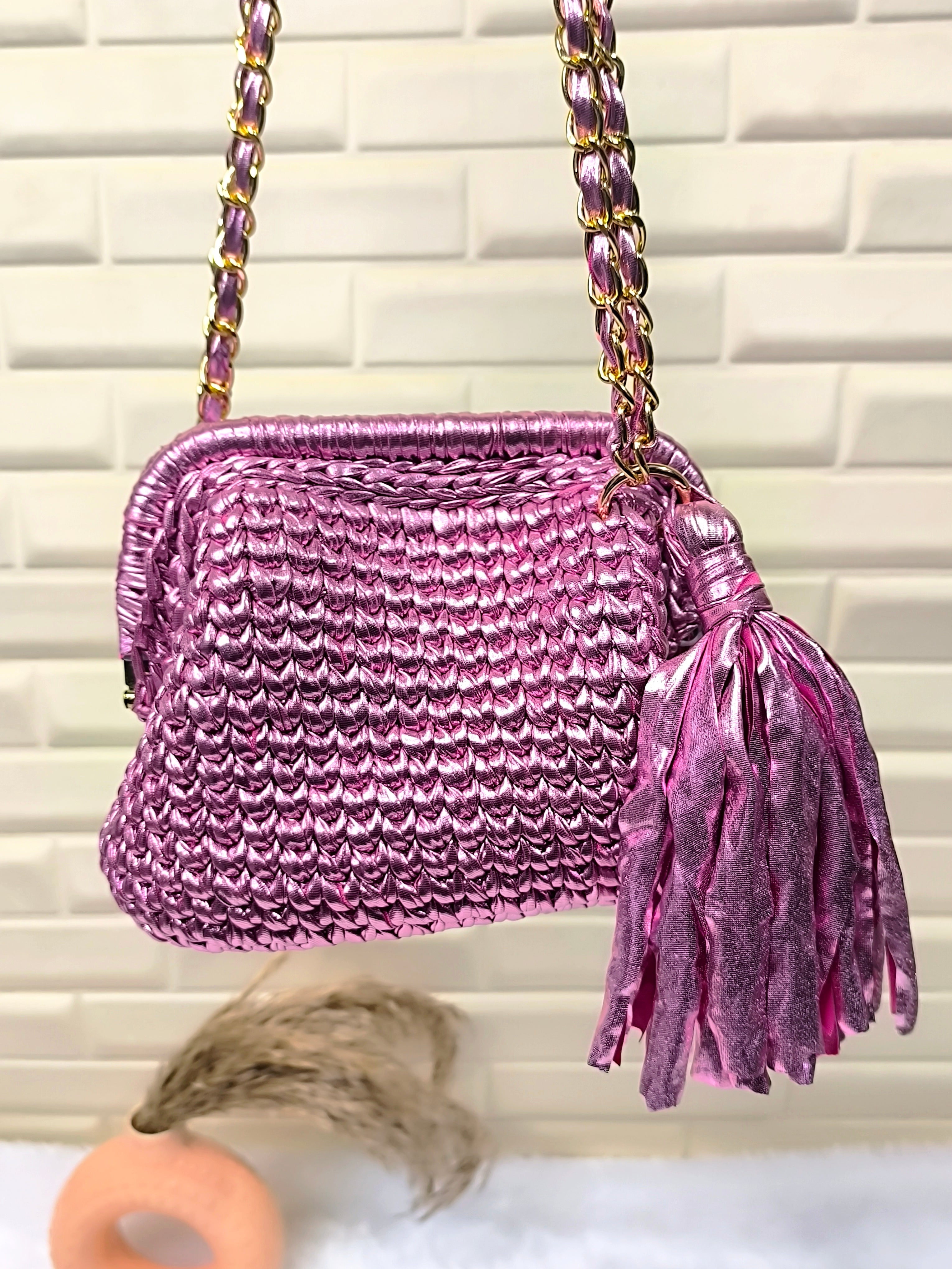 Pink Petal Metallic Crochet Clutch with Sling and Tassel