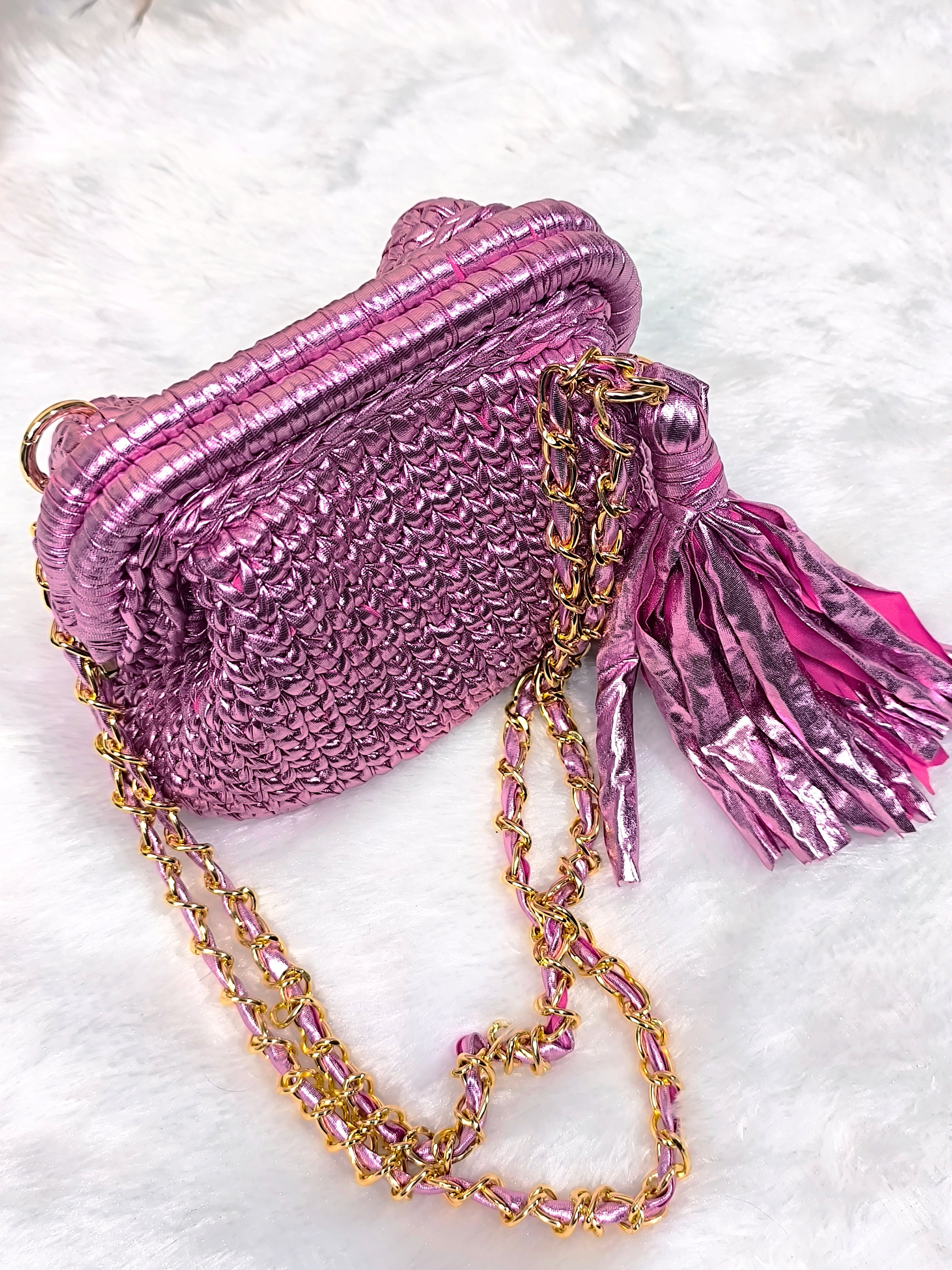 Pink Petal Metallic Crochet Clutch with Sling and Tassel
