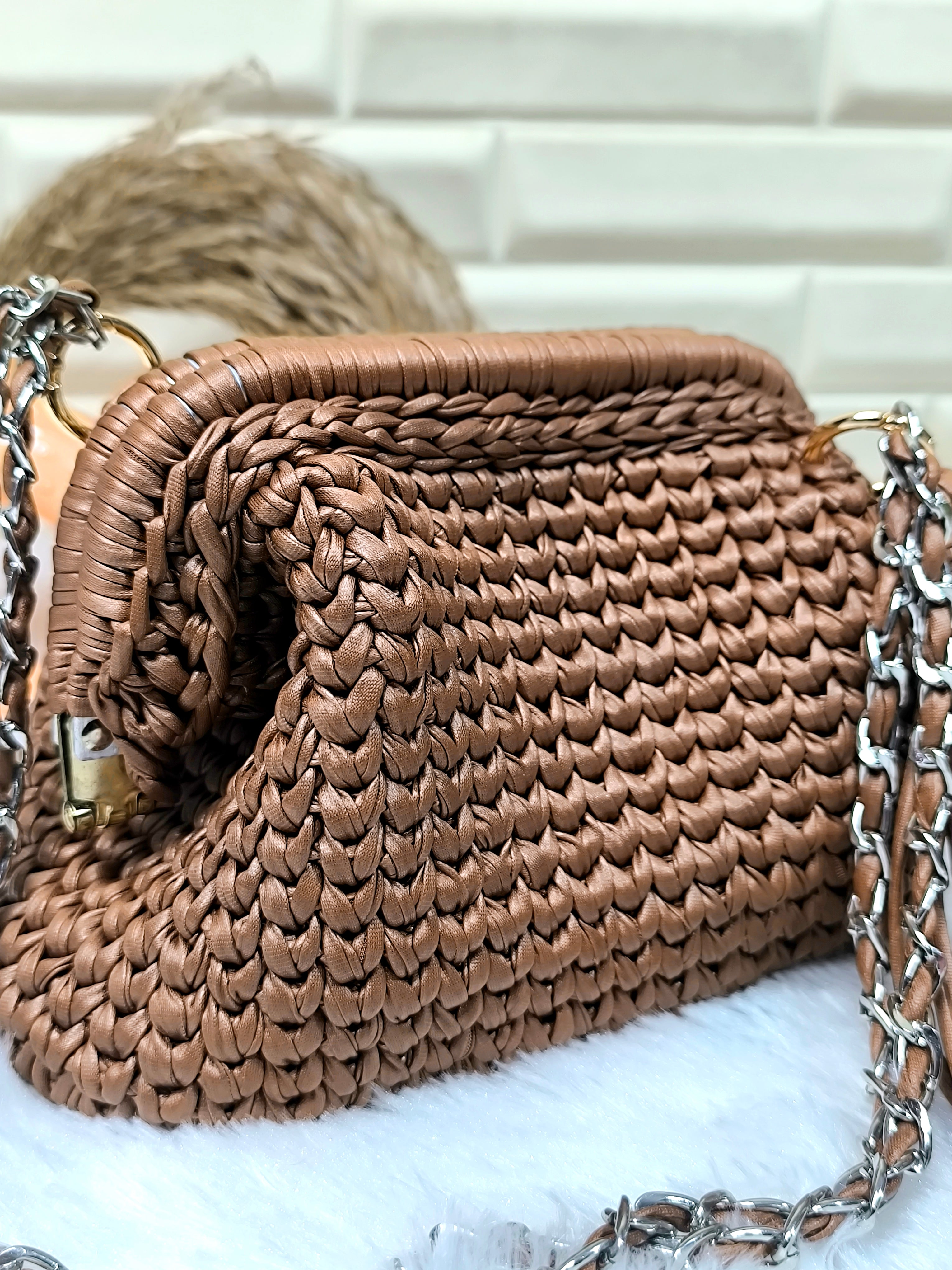 Mocha Rose Leather Yarn Crochet Clutch with Chain Sling and Tassel