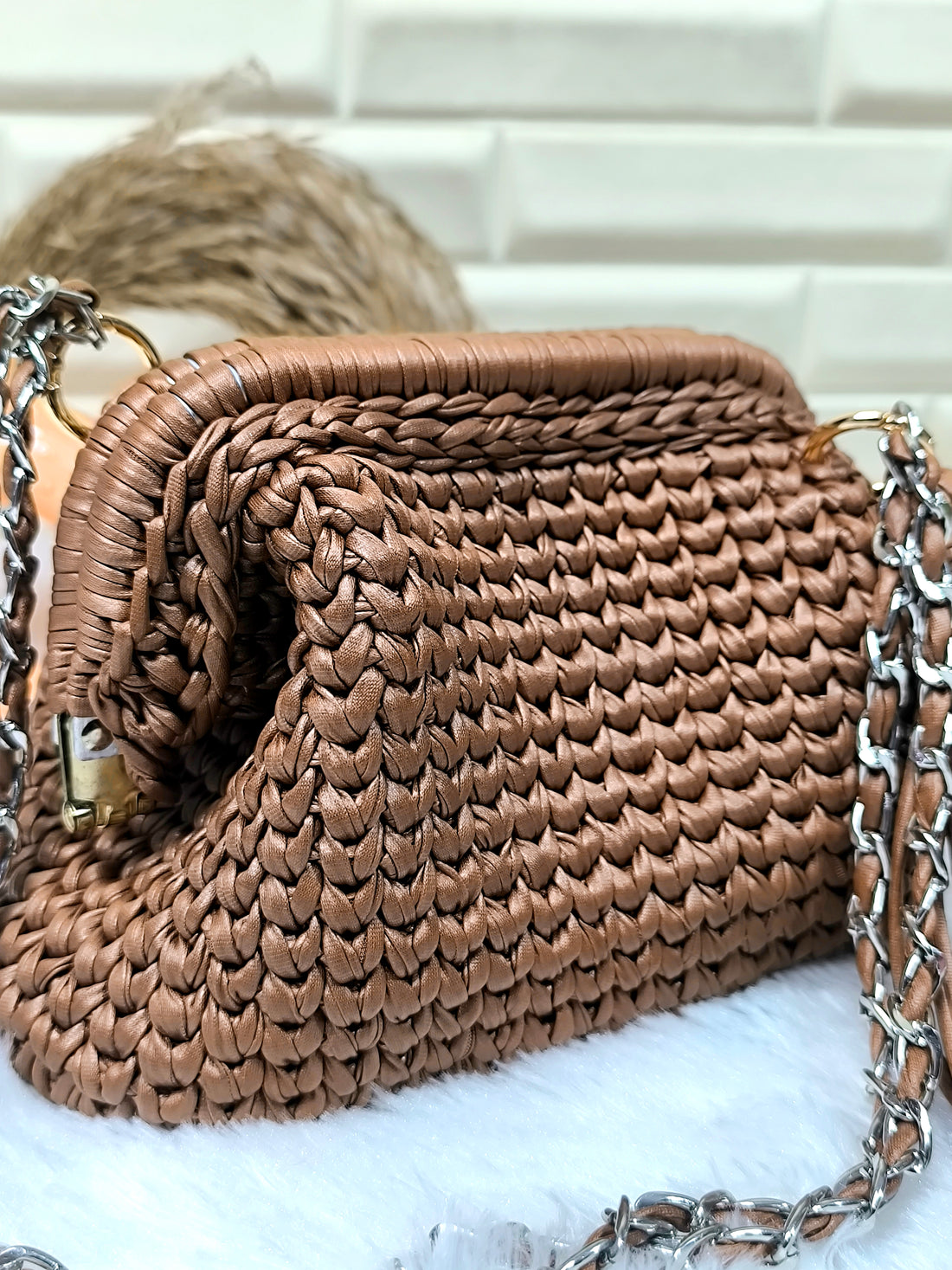 Mocha Rose Leather Yarn Crochet Clutch with Chain Sling and Tassel