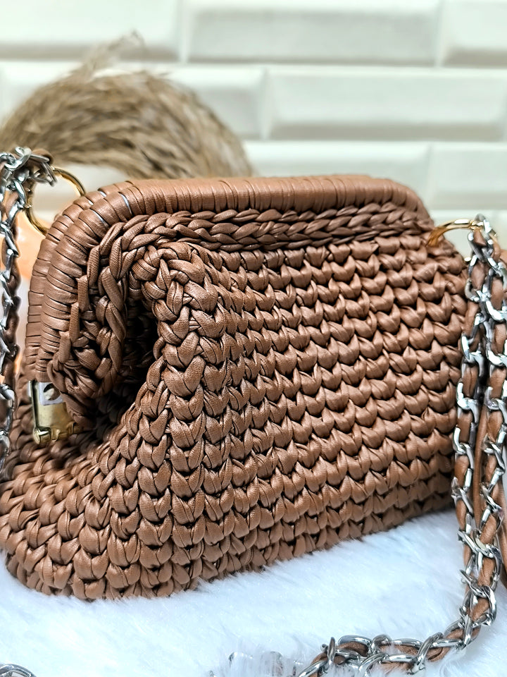 Mocha Rose Leather Yarn Crochet Clutch with Chain Sling and Tassel