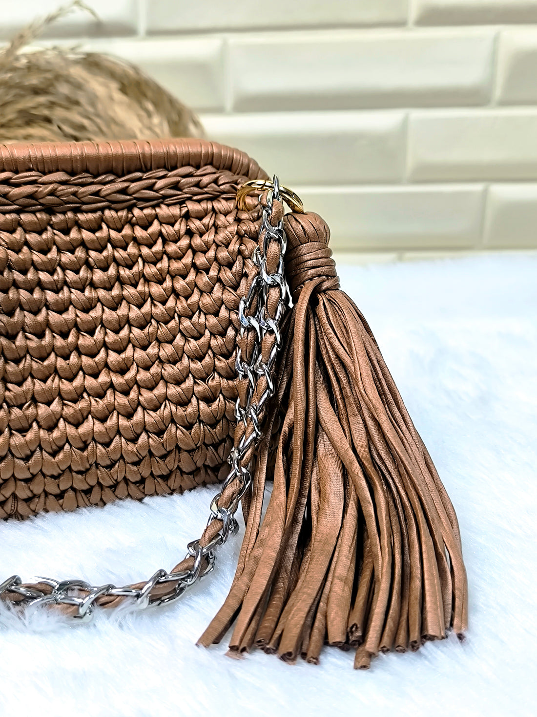 Mocha Rose Leather Yarn Crochet Clutch with Chain Sling and Tassel