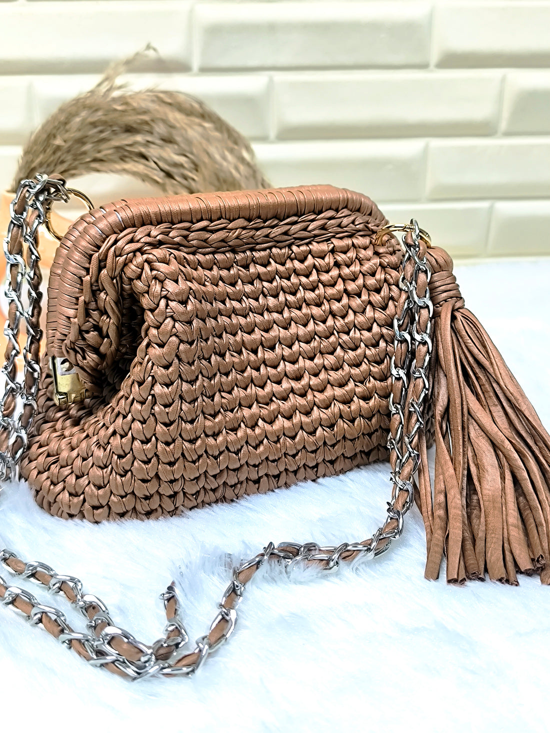 Mocha Rose Leather Yarn Crochet Clutch with Chain Sling and Tassel