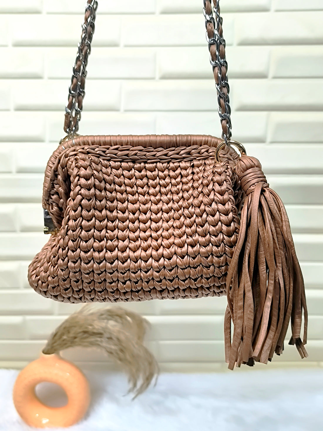 Mocha Rose Leather Yarn Crochet Clutch with Chain Sling and Tassel