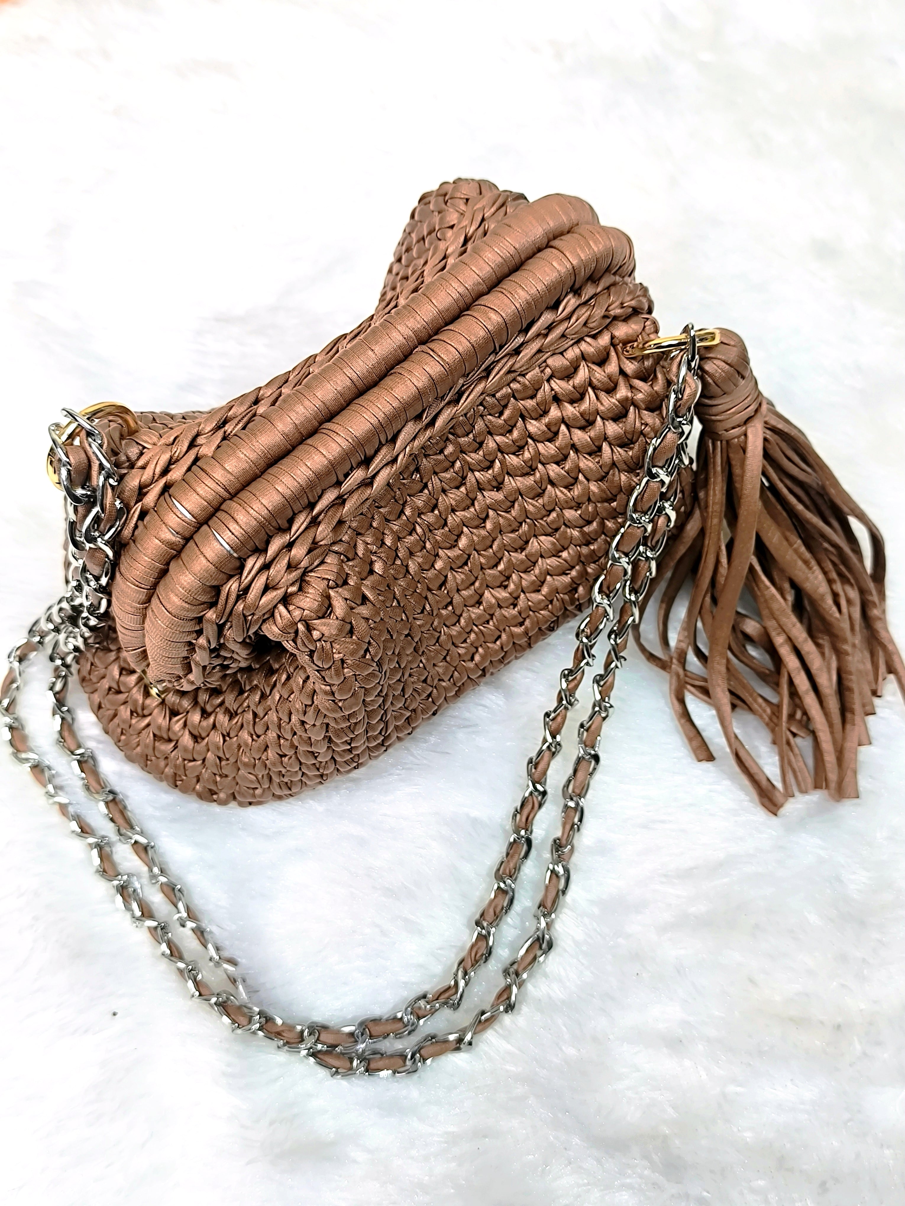 Mocha Rose Leather Yarn Crochet Clutch with Chain Sling and Tassel