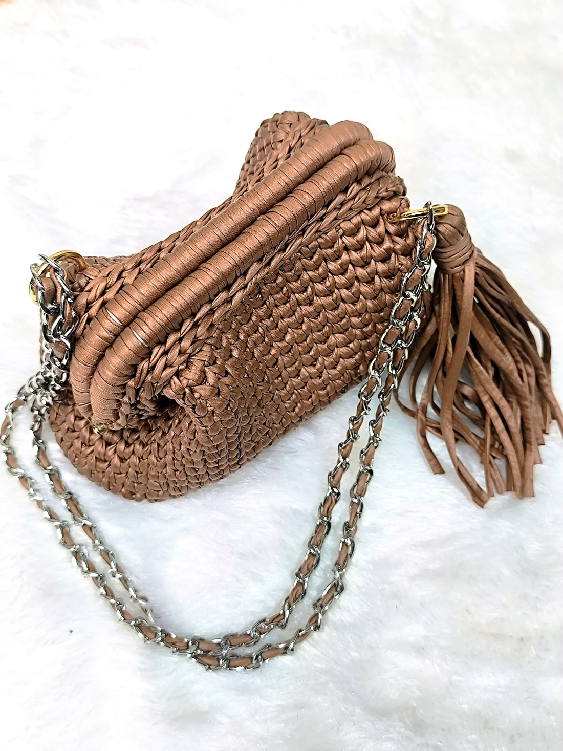 Mocha Rose Leather Yarn Crochet Clutch with Chain Sling and Tassel