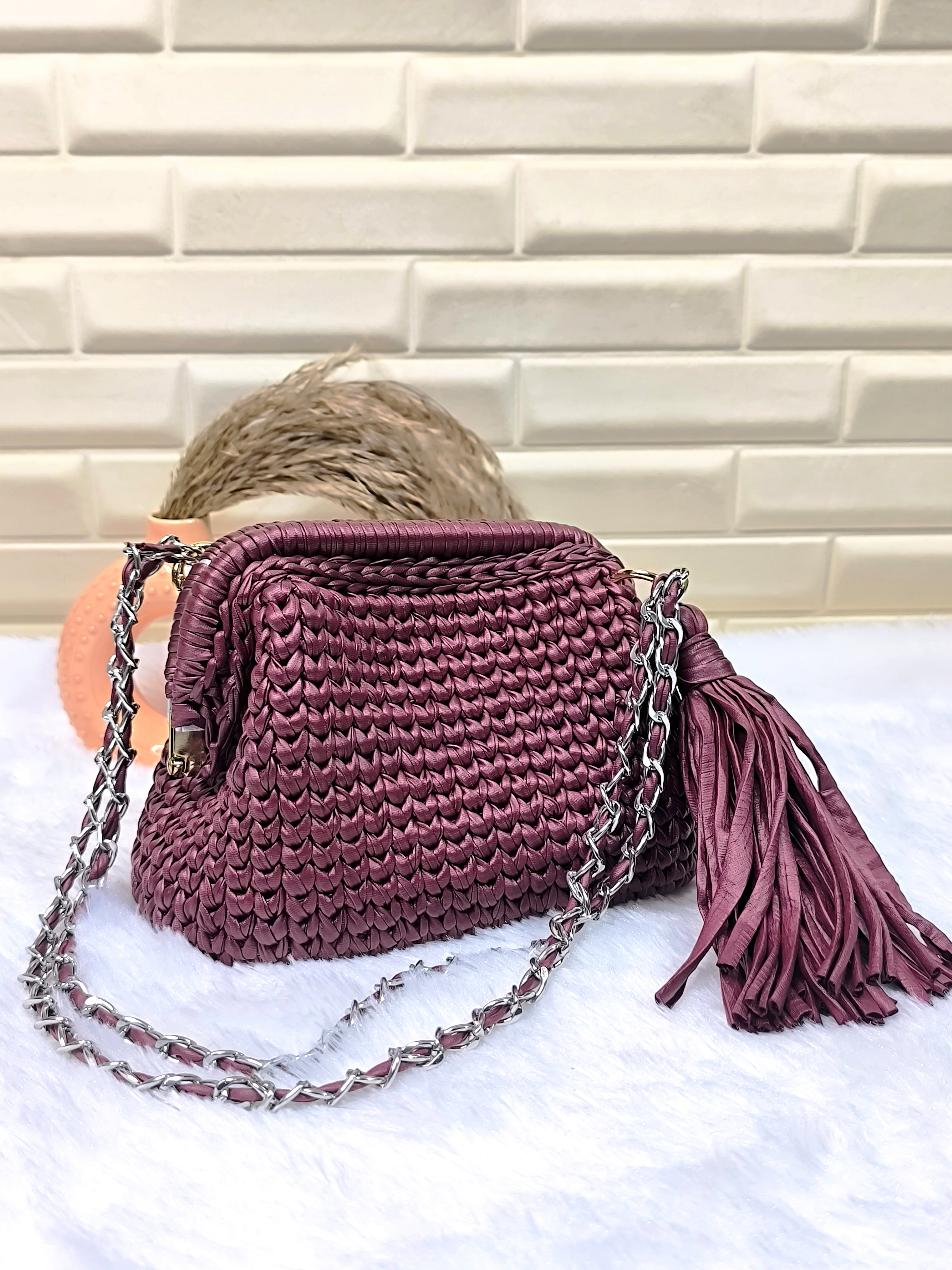 Deep Merlot Leather Yarn Crochet Clutch with Chain Sling and Tassel