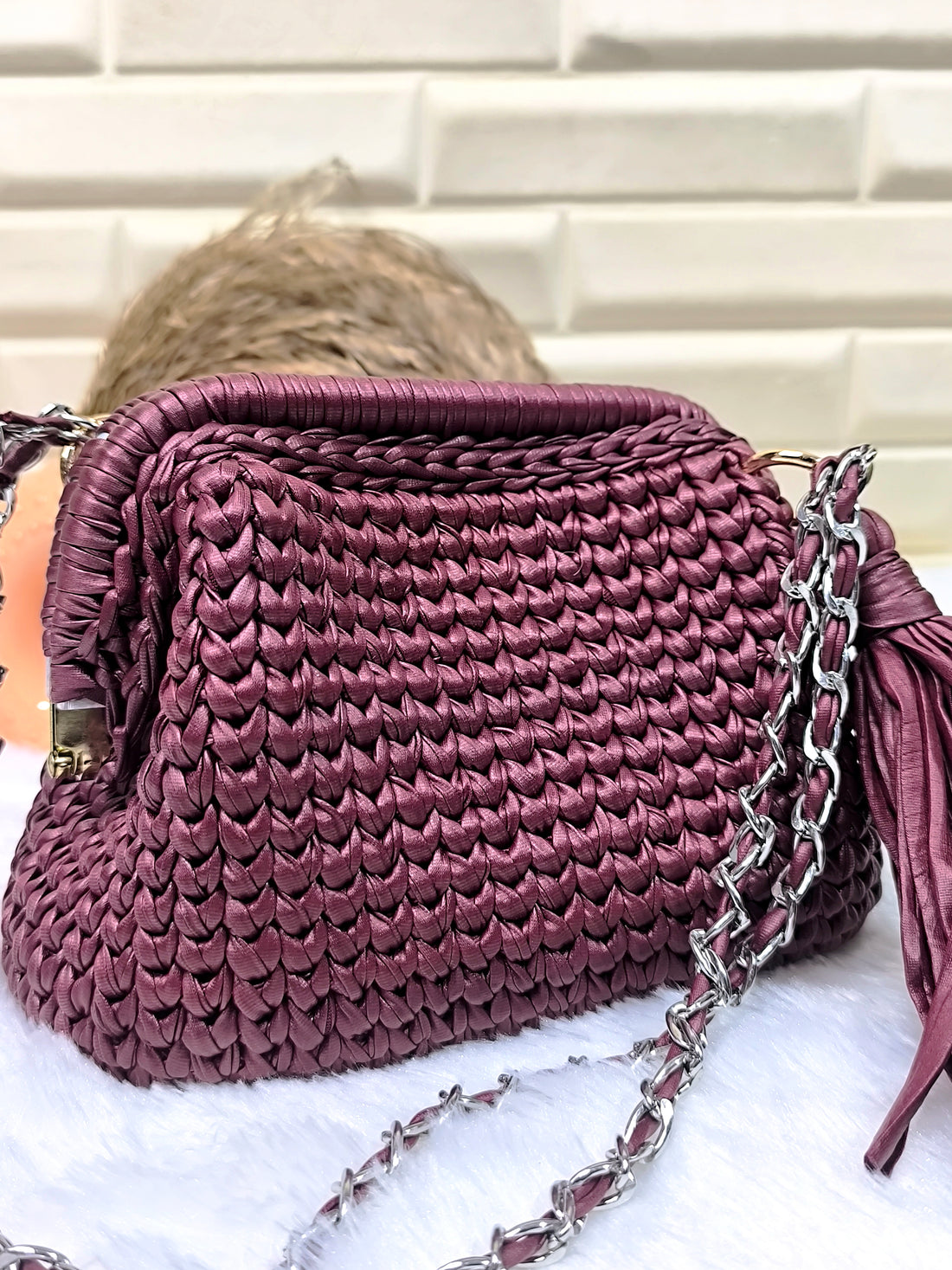 Deep Merlot Leather Yarn Crochet Clutch with Chain Sling and Tassel