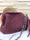 Deep Merlot Leather Yarn Crochet Clutch with Chain Sling and Tassel