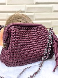 Deep Merlot Leather Yarn Crochet Clutch with Chain Sling and Tassel