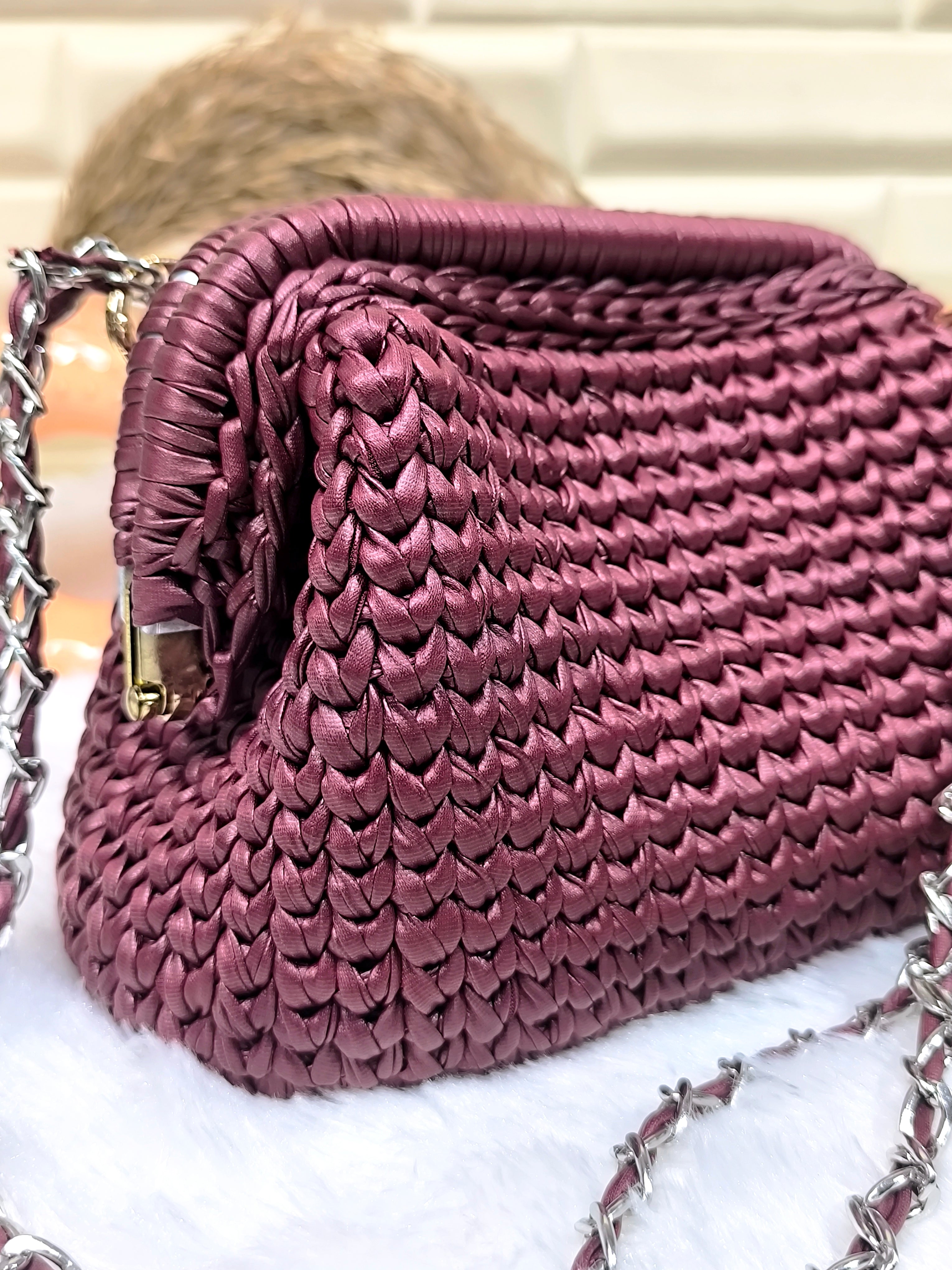 Deep Merlot Leather Yarn Crochet Clutch with Chain Sling and Tassel