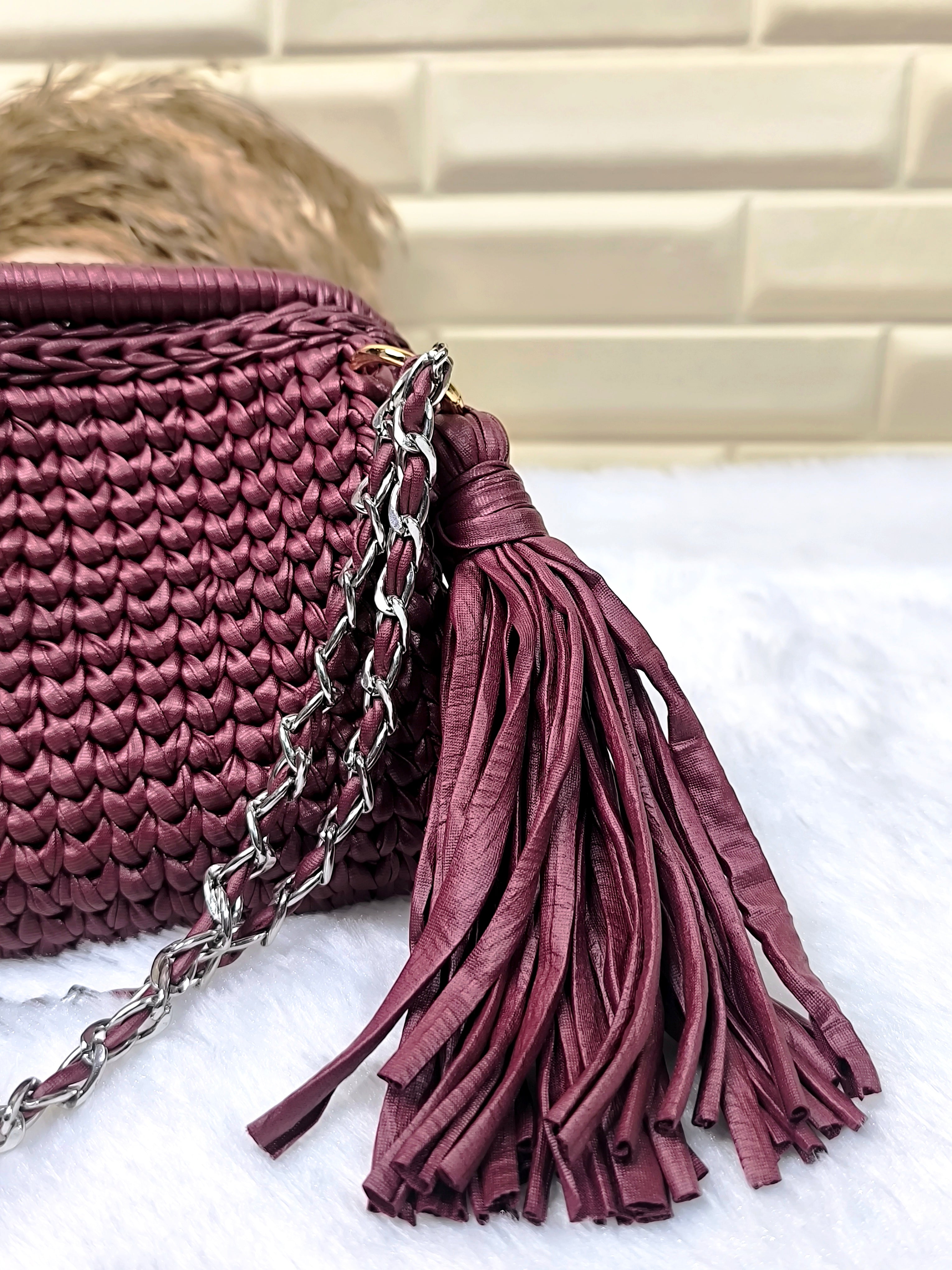 Deep Merlot Leather Yarn Crochet Clutch with Chain Sling and Tassel