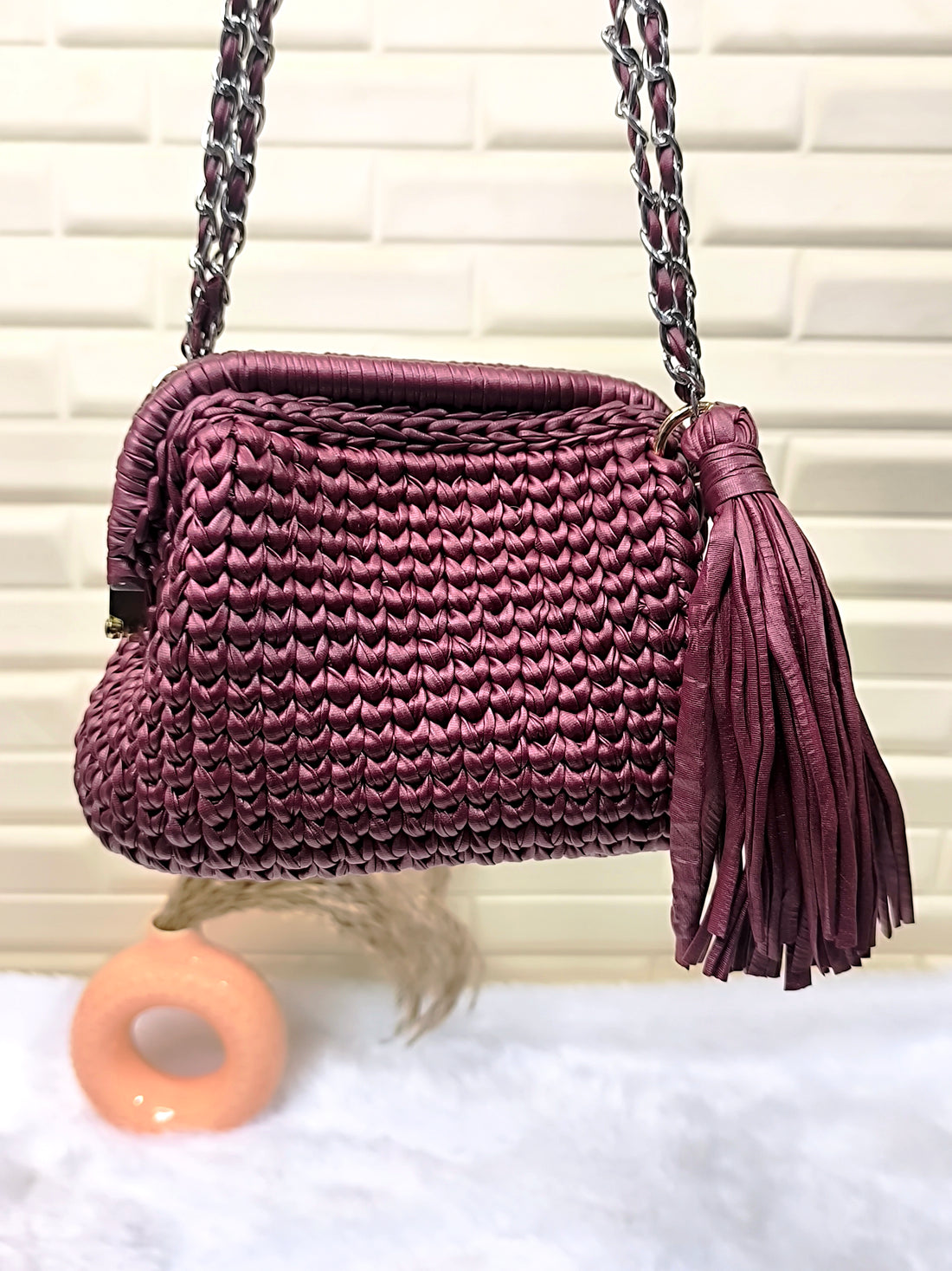 Deep Merlot Leather Yarn Crochet Clutch with Chain Sling and Tassel