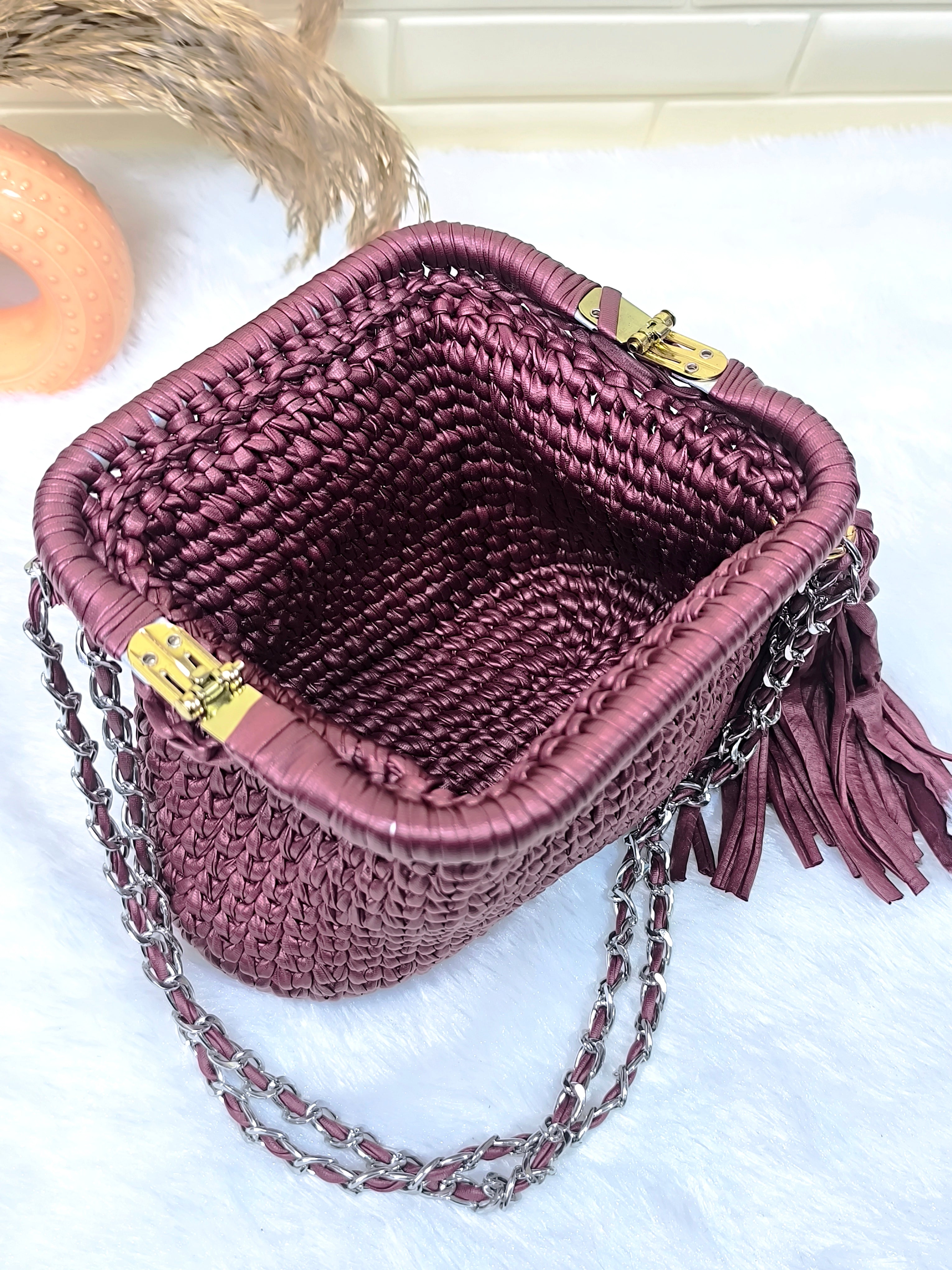 Deep Merlot Leather Yarn Crochet Clutch with Chain Sling and Tassel