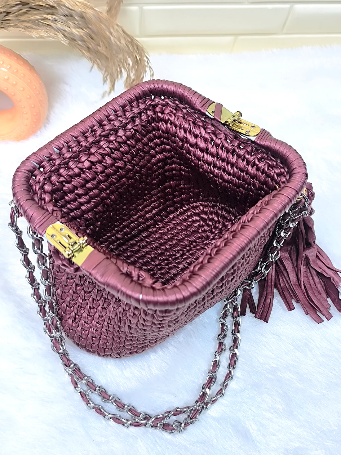 Deep Merlot Leather Yarn Crochet Clutch with Chain Sling and Tassel