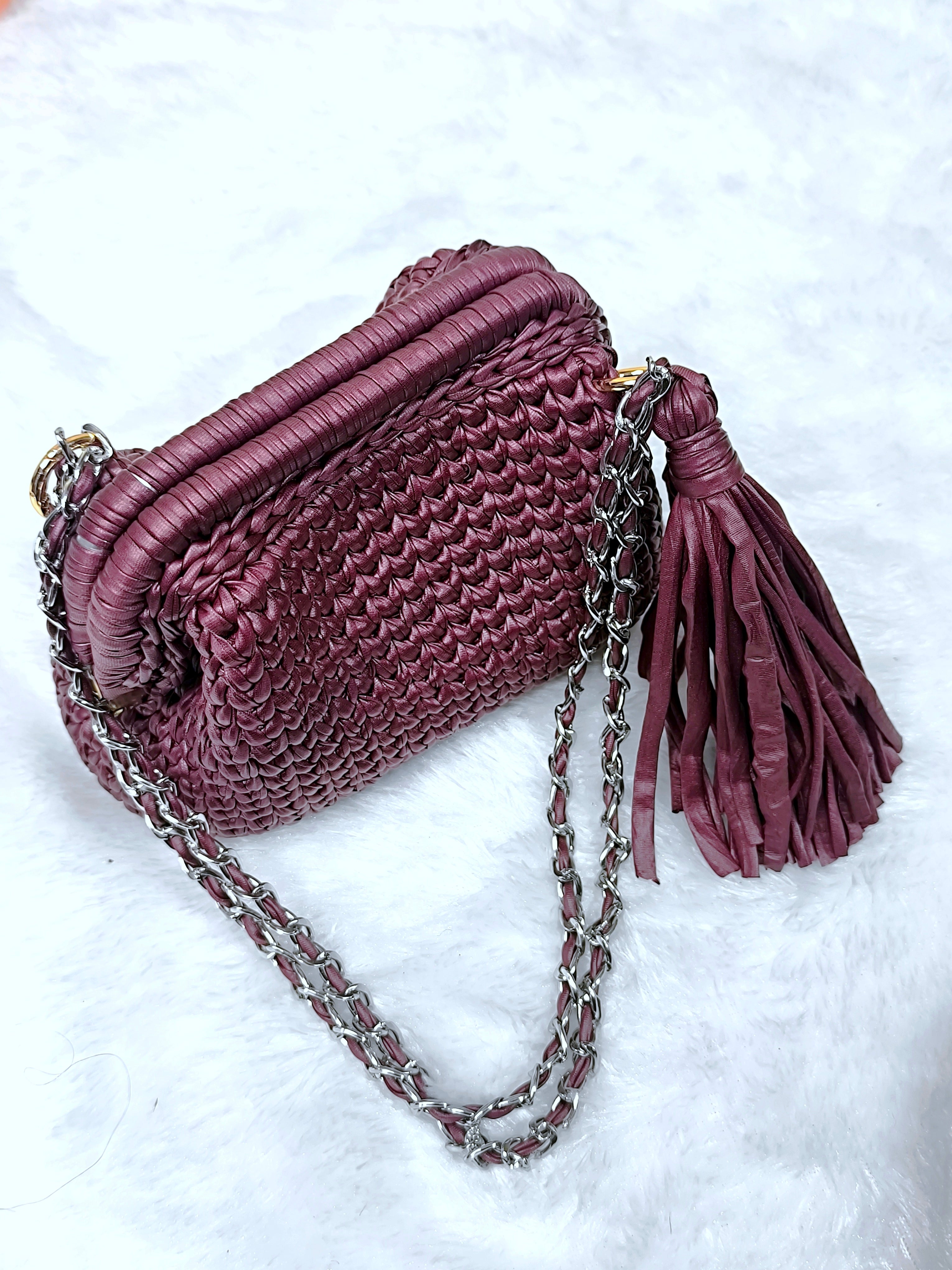 Deep Merlot Leather Yarn Crochet Clutch with Chain Sling and Tassel